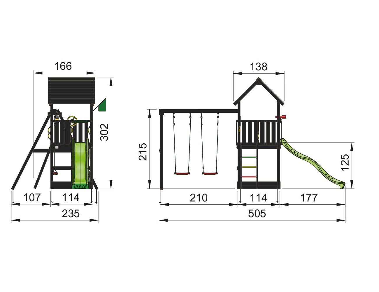 Legetårn Jungle Gym Club 2.1, grundmalet sort, m/2-Swing Module 220 og grøn rutschebane