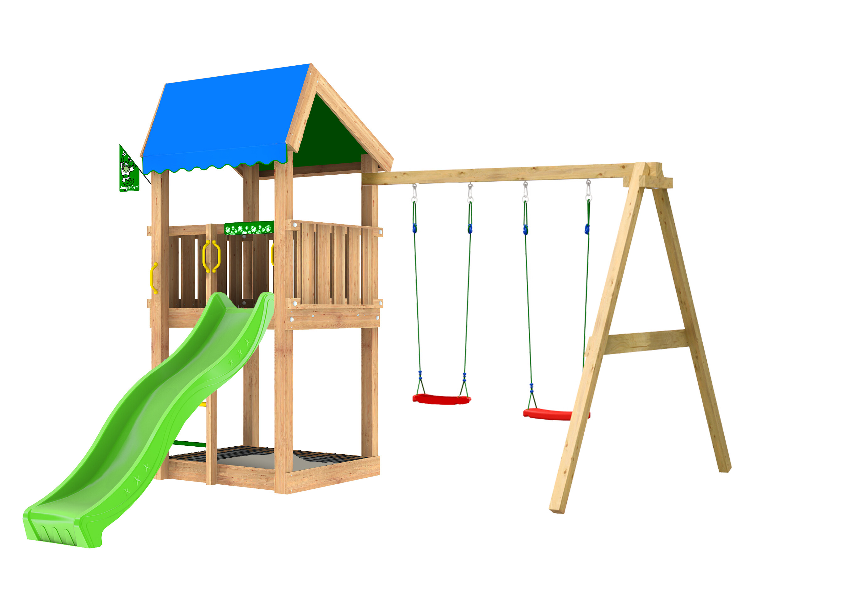 Legetårn Jungle Gym Home 2.1, m/2-Swing Module 220 og grøn rutschebane