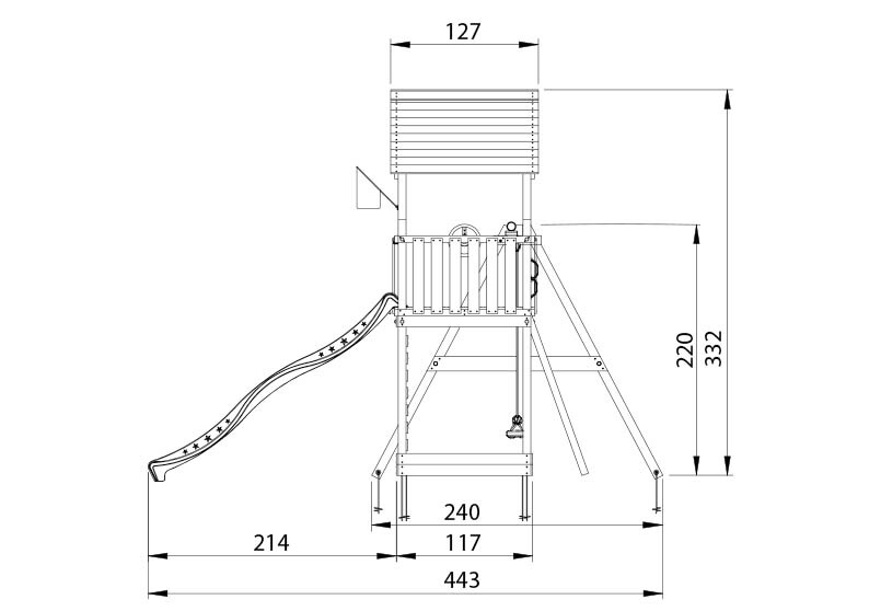 Legetårn Jungle Gym Mansion 2.1 m/2-Swing Module 220, blå rutsjebane og 120 kg sand