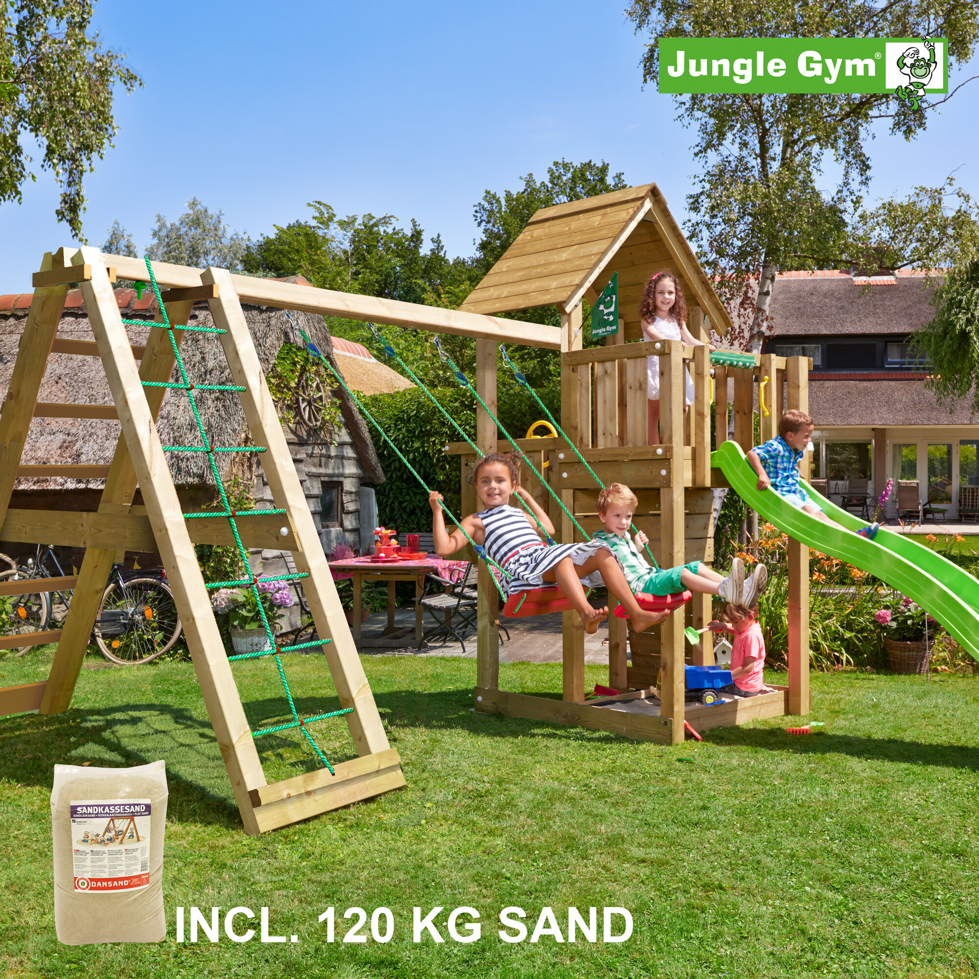 Legetårn Jungle Gym Cubby m/2-Climb Module 220, 120 kg sand og grøn rutschebane