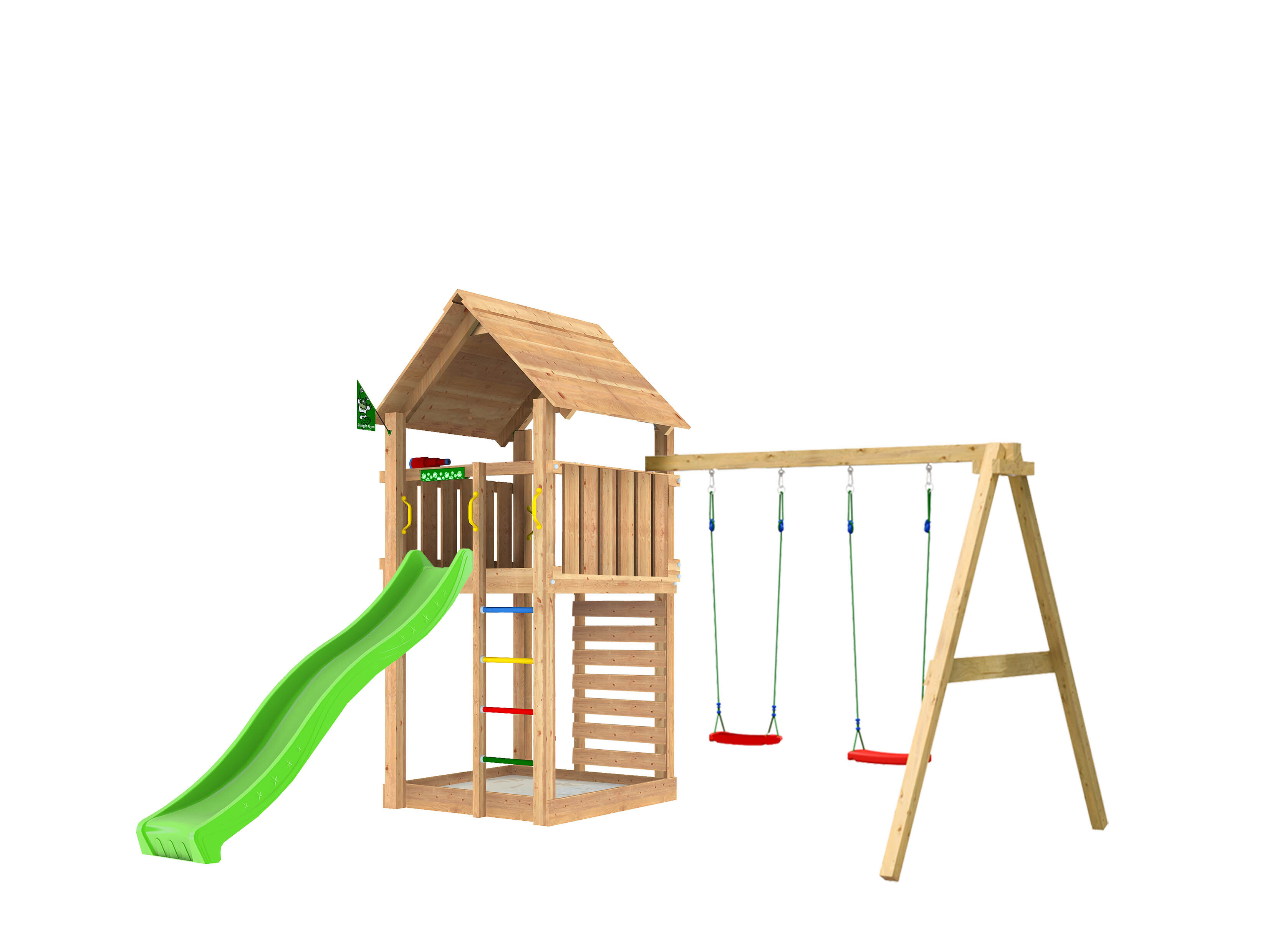 Legetårn Jungle Gym Cabin 2.1 m/2-Swing Module 220 og grøn rutsjebane