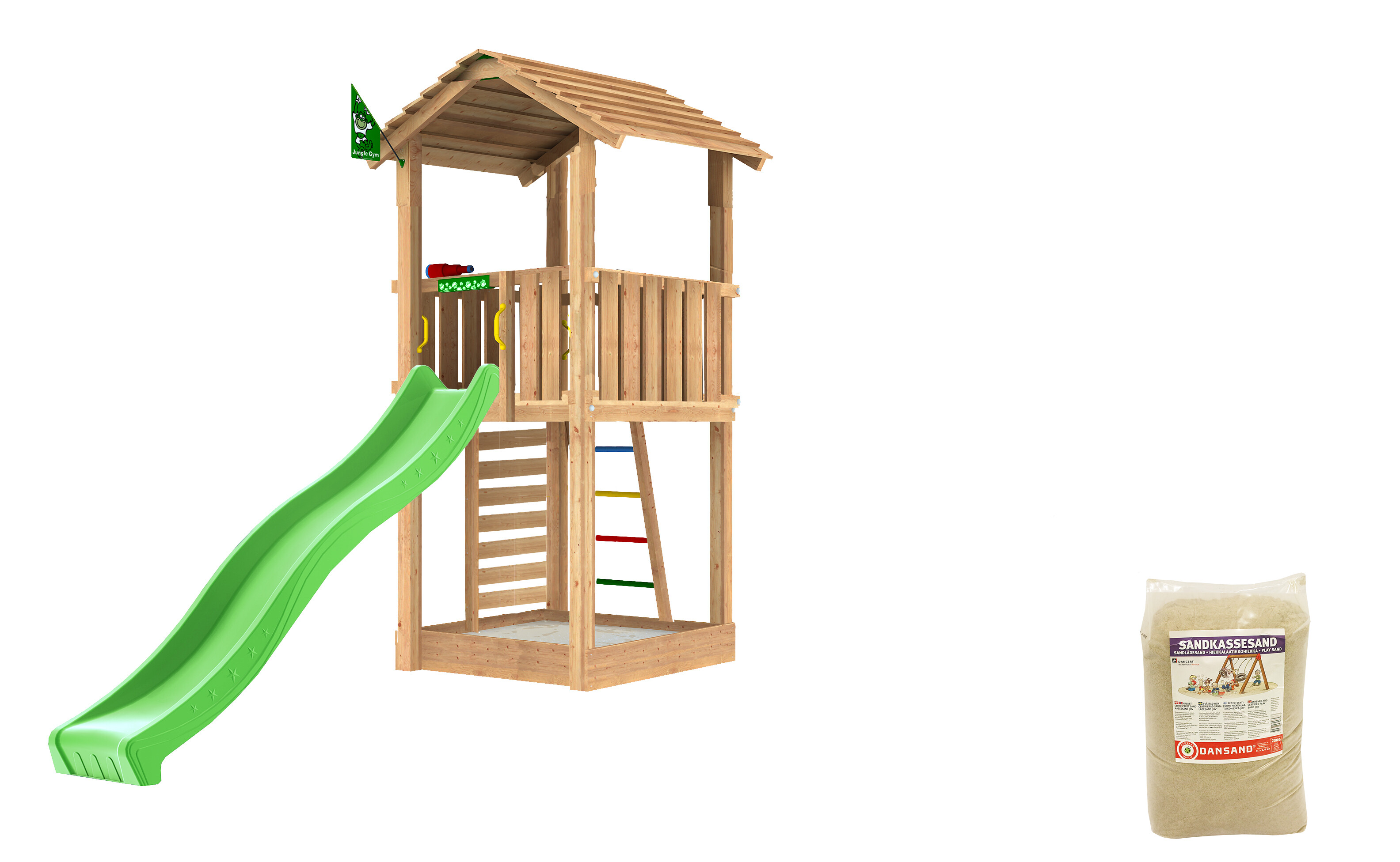 Legetårn Jungle Gym Cottage 2.1 m/grøn rutschebane og 120 kg sand