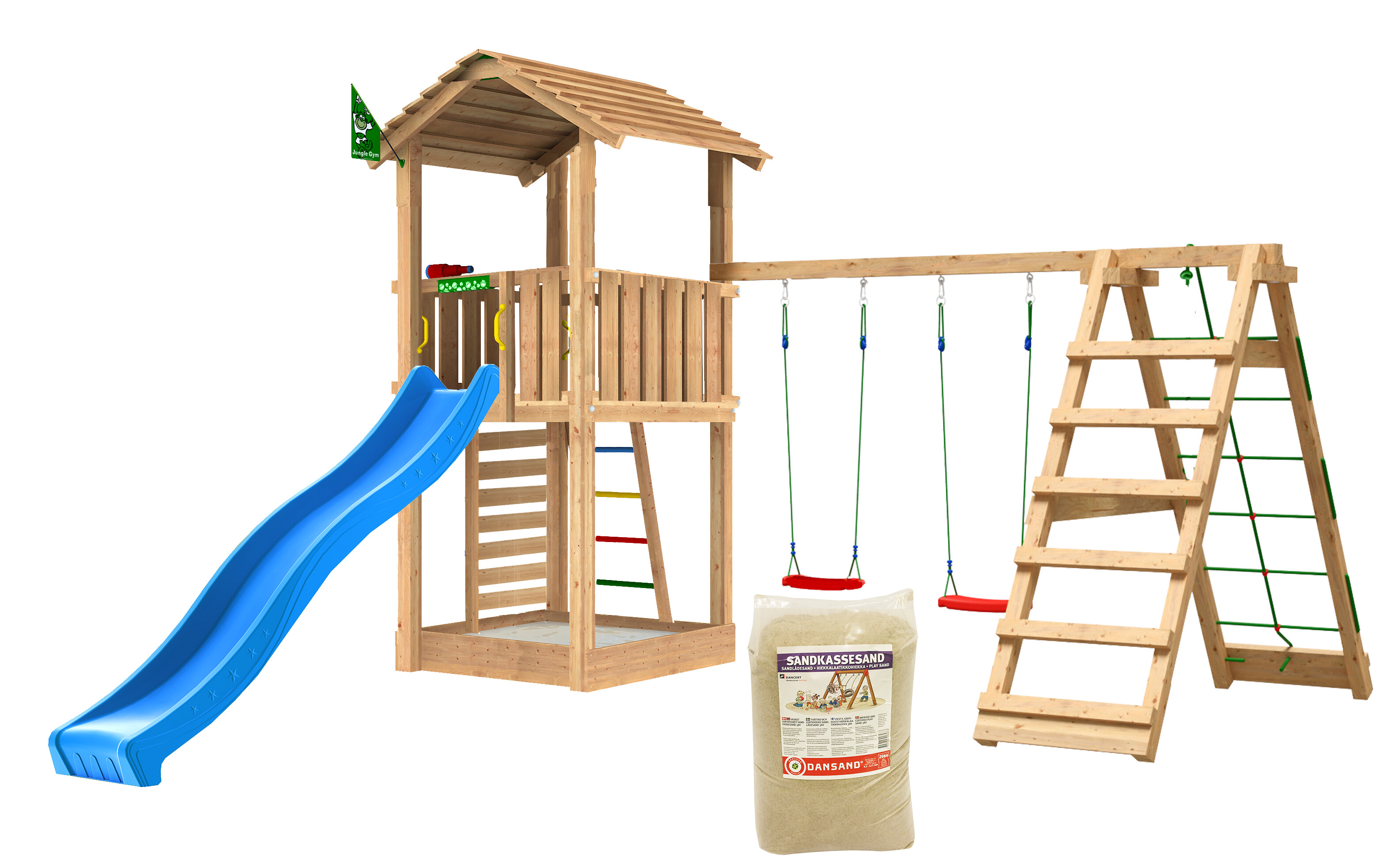 Legetårn Jungle Gym Cottage 2.1 m/2-Climb Modul 220, blå rutschebane og 120 kg sand