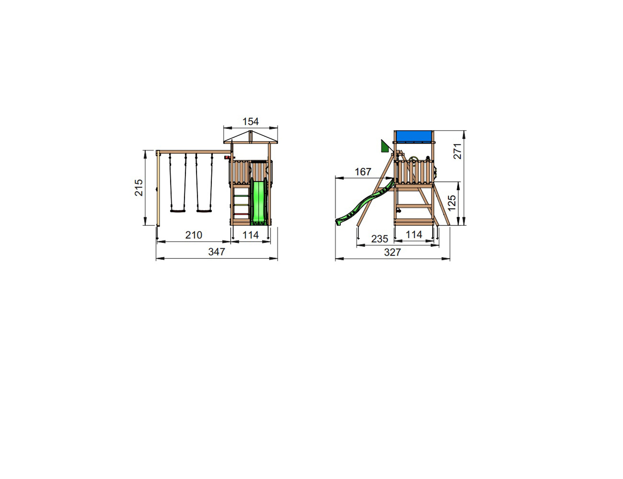 Legetårn Jungle Gym Hut 2.1, m/2-Swing Module 220 og gul rutschebane