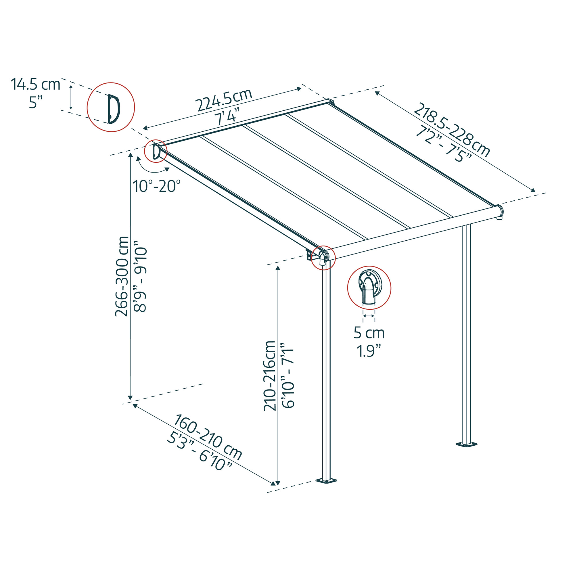 Terrasseoverdækning Sierra 2,3x2,3m (5 m2), antracitgrå Palram - Canopia
