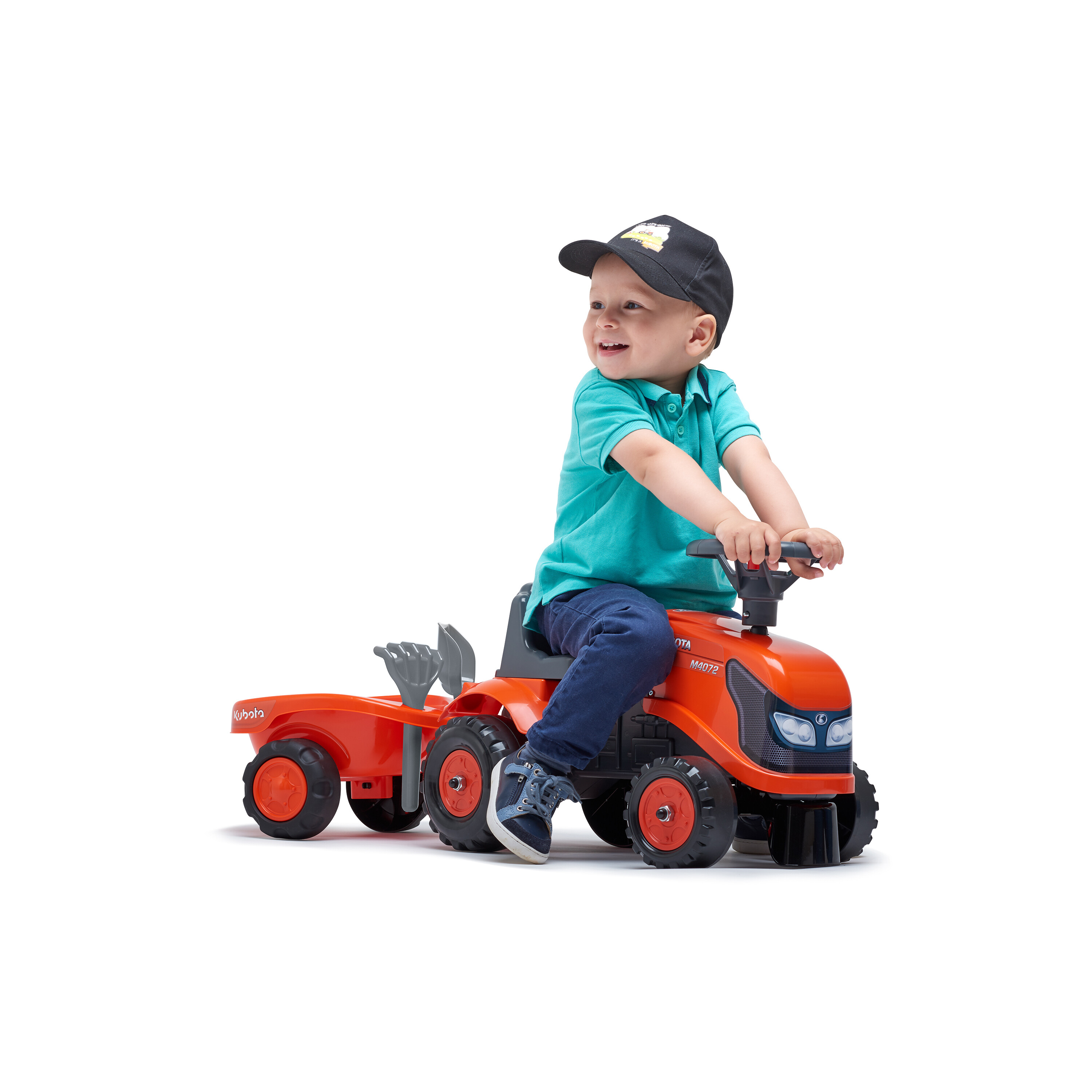Traktor med trailer, kratta och skyffel Baby Kubota FALK