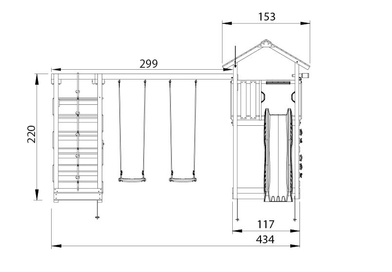 Legetårn Jungle Gym Cottage 2.1 w/2-Climb Module 220, grøn rutschebane og 120 kg sand