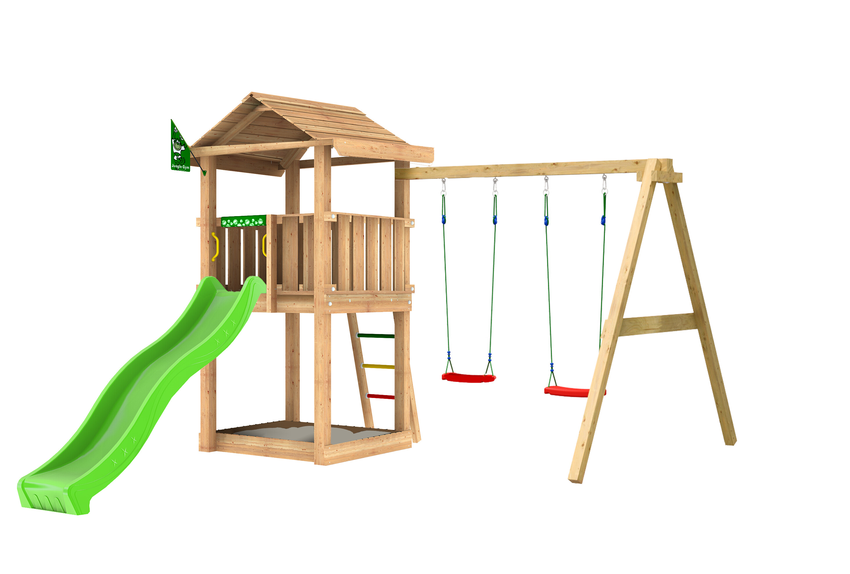 Legetårn Jungle Gym House 2.1, m/2-Swing Module 220 og grøn rutschebane