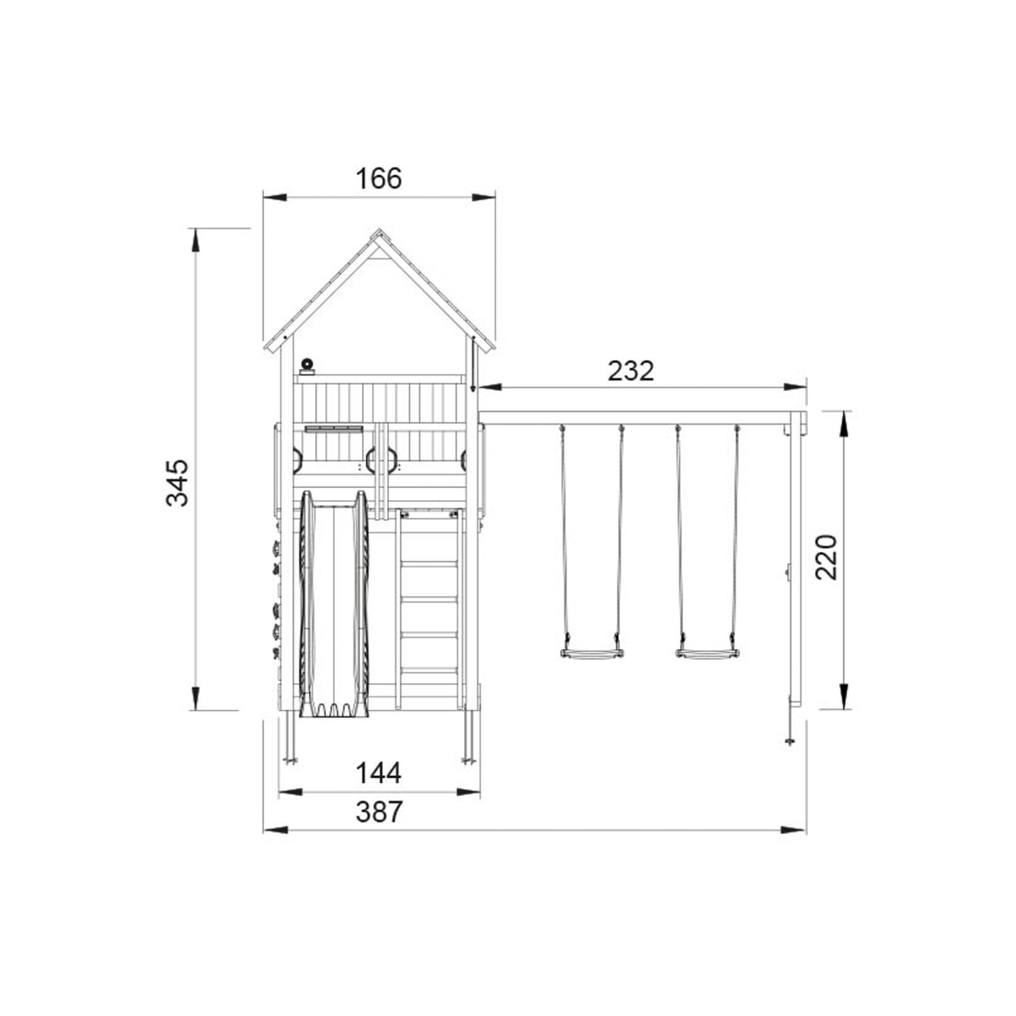 Legetårn Jungle Gym Palace 2.1 m/2-Swing Module 220, blå rutsjebane og 120 kg sand