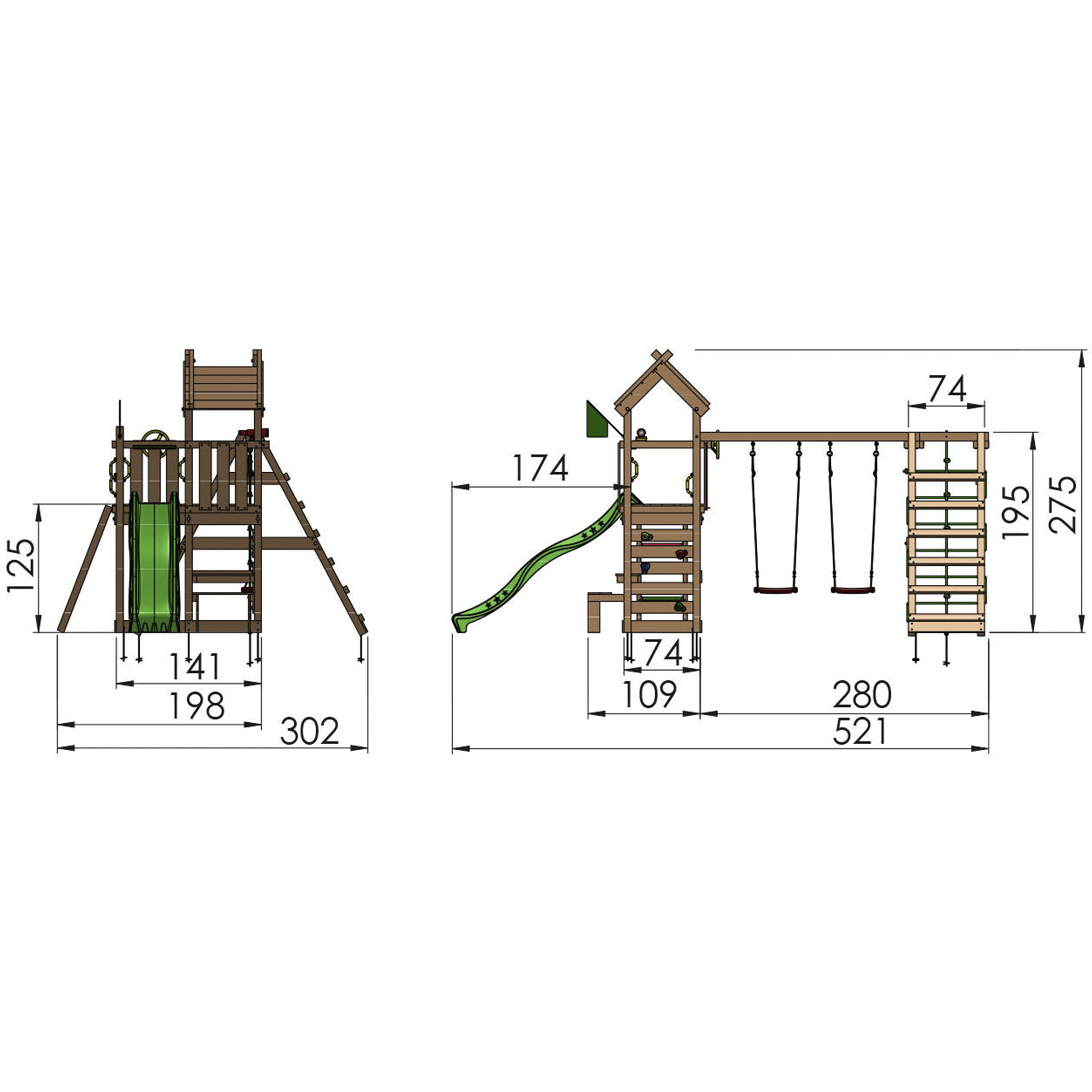 Legetårn Jungle Gym Teepee m/2-Climb Module 200 og gul rutschebane