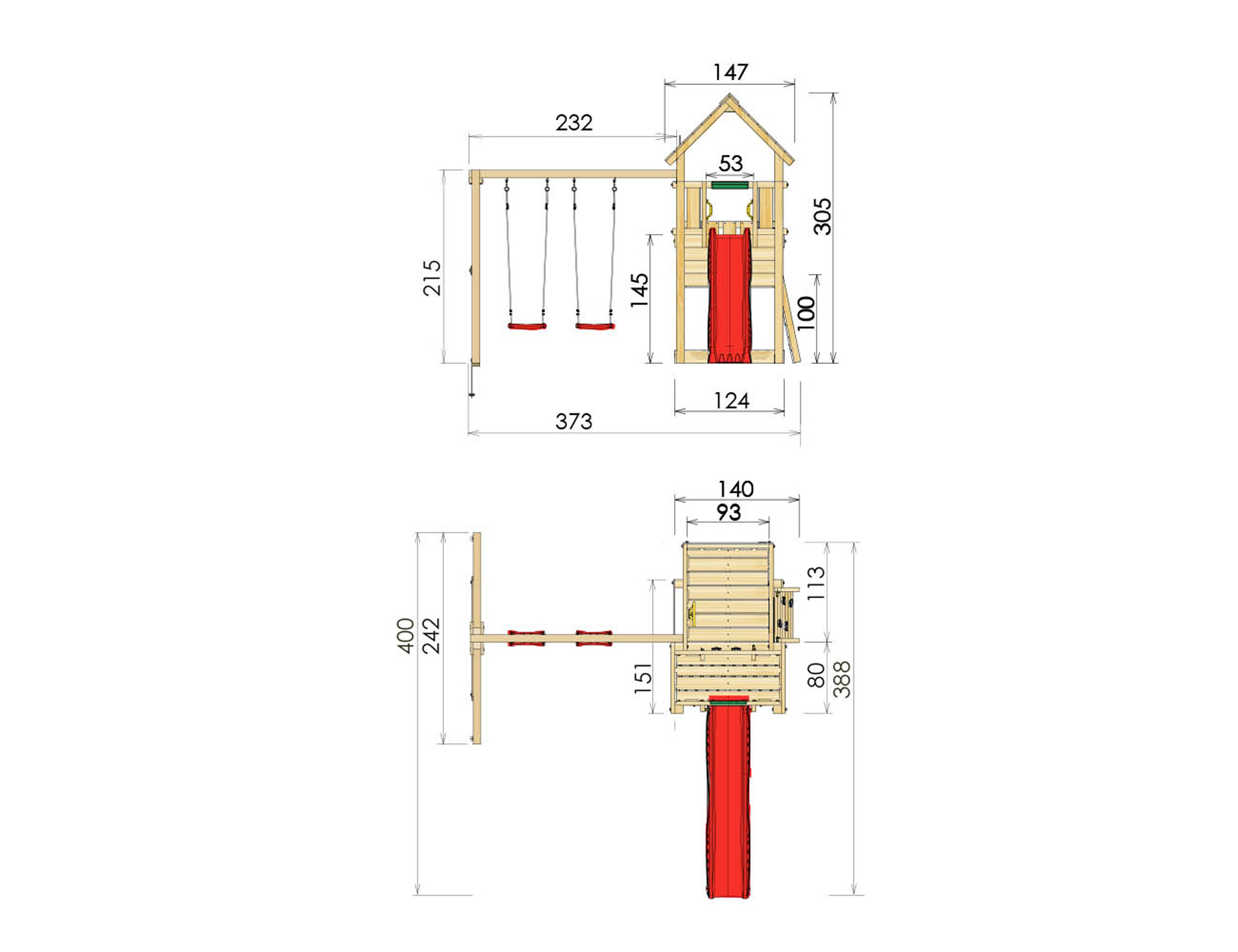 Legetårn Jungle Gym Cubby m/2-Swing Module 220, grøn rutschebane og 120 kg sand