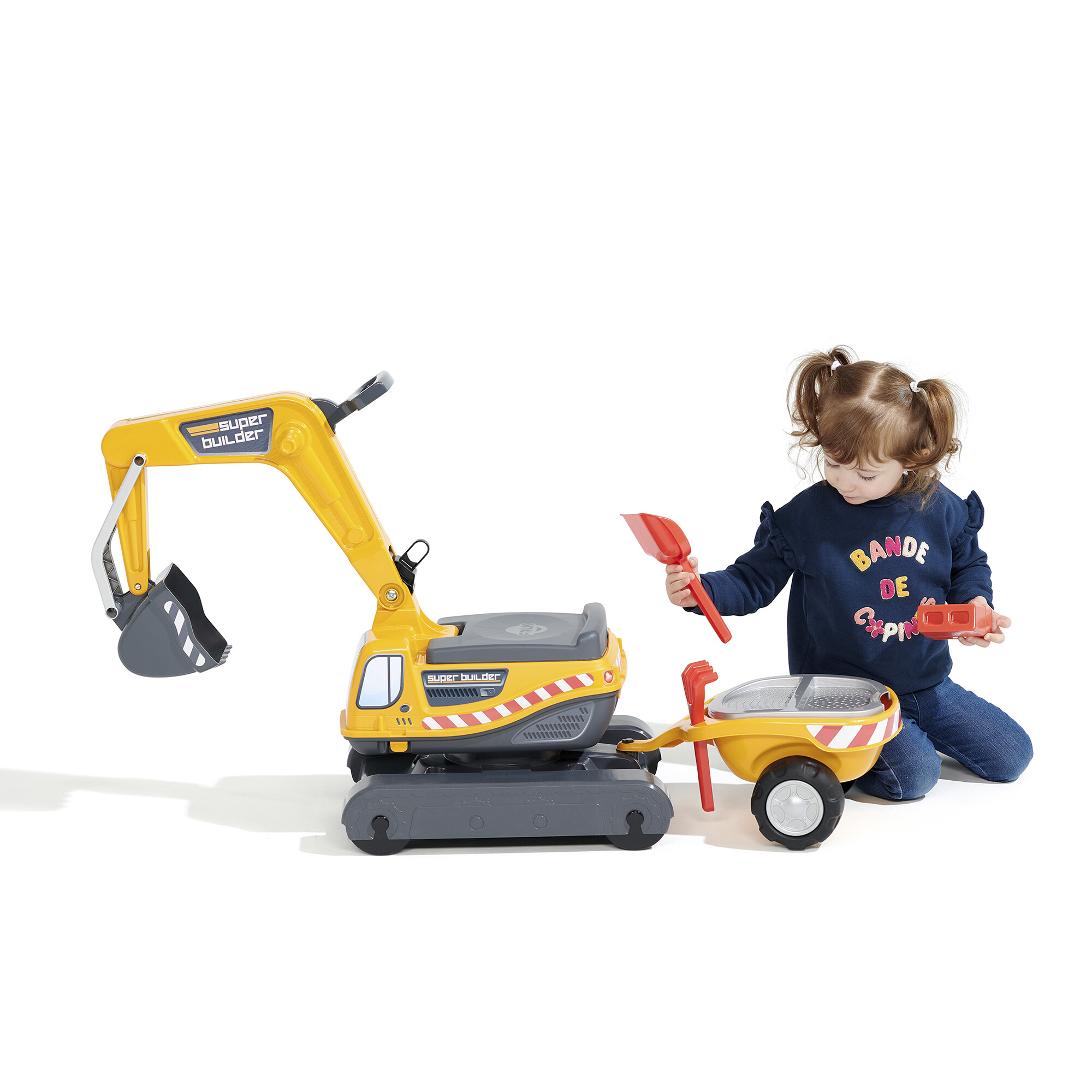 Super Builder excavator fully articulated with opening seat, trailer with sieves and sand playset FALK