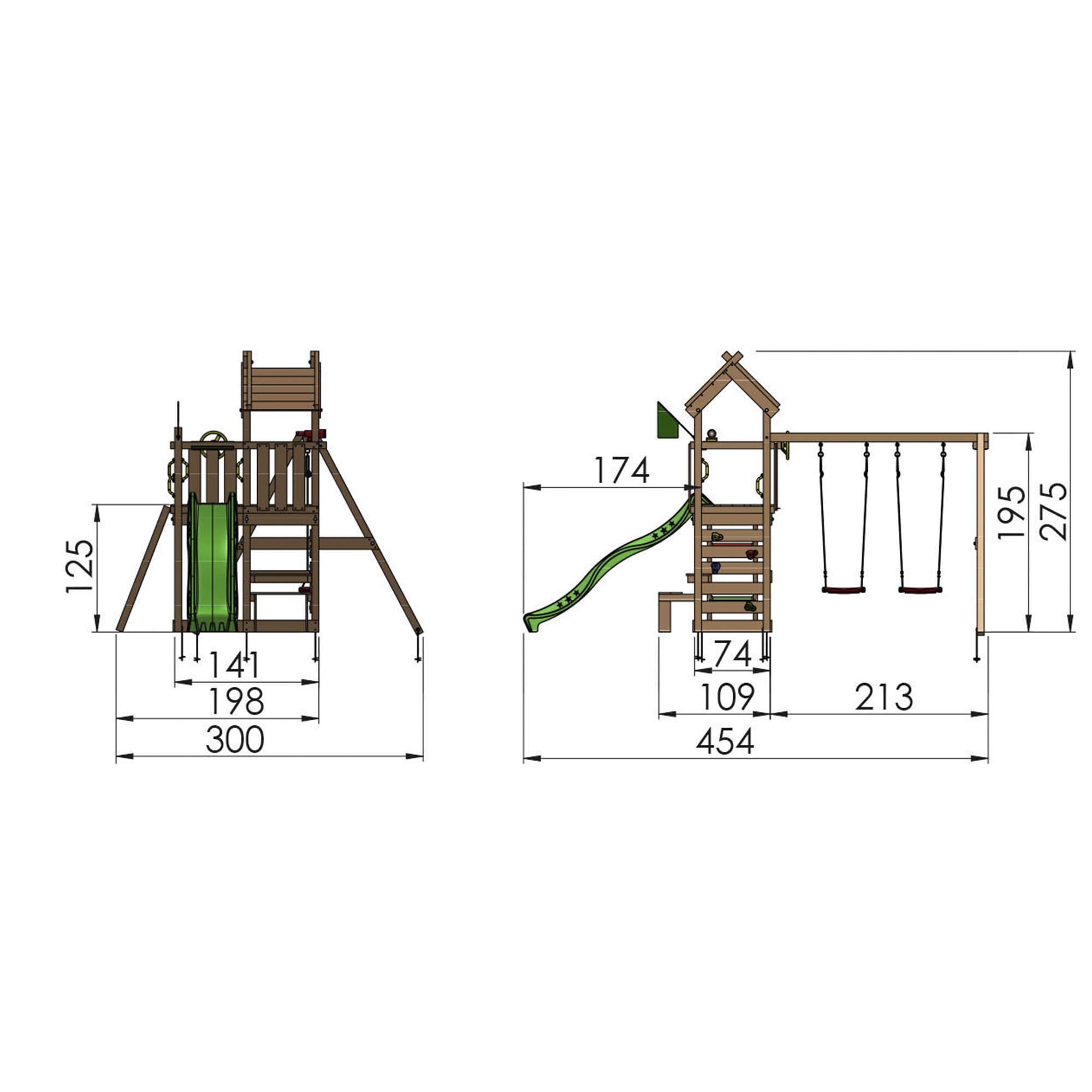 Legetårn Jungle Gym Teepee m/2-Swing Module 200 og gul rutschebane