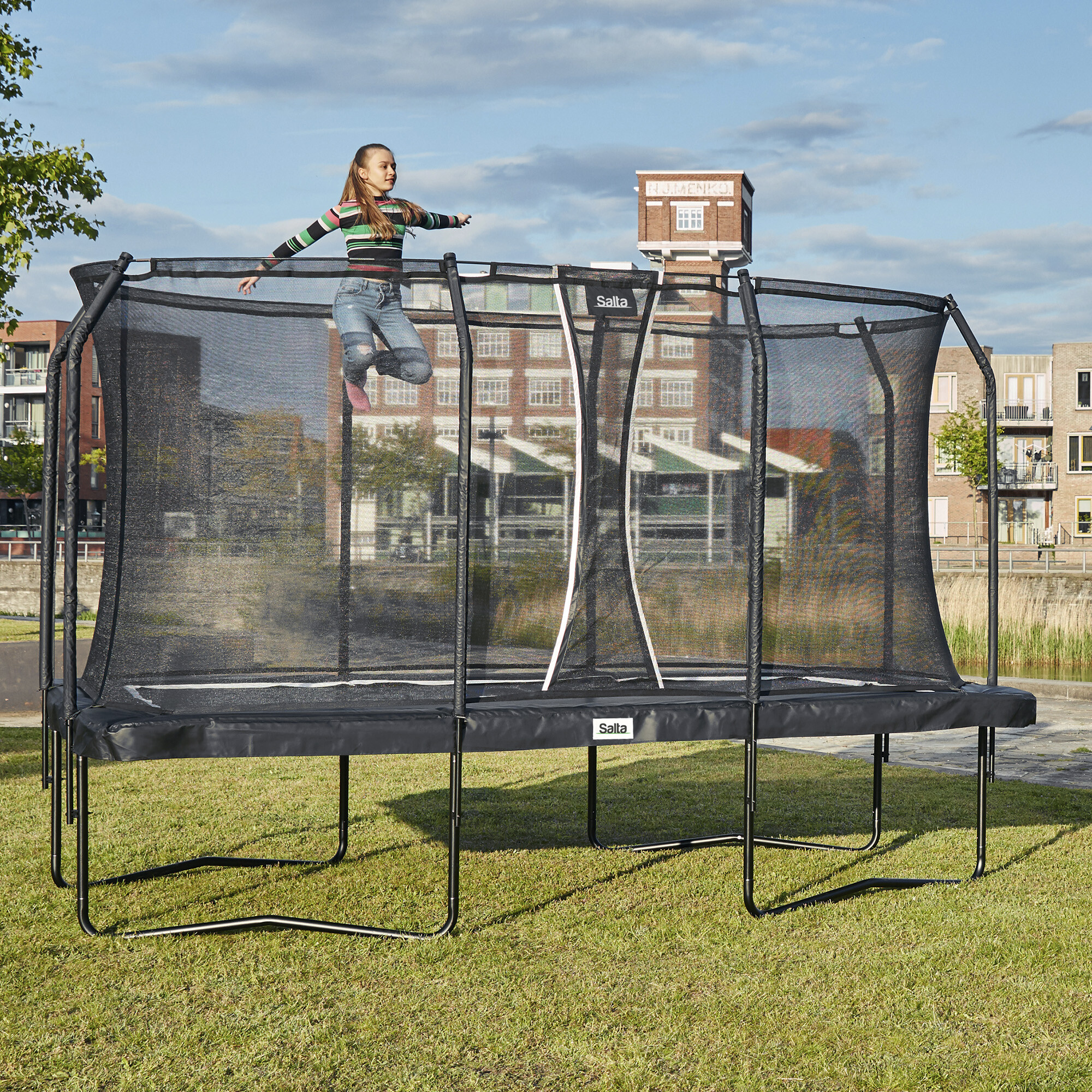 Trampolin Premium Edition rektangulær 396 x 244 cm, sort inkl. sikkerhedsnet Salta