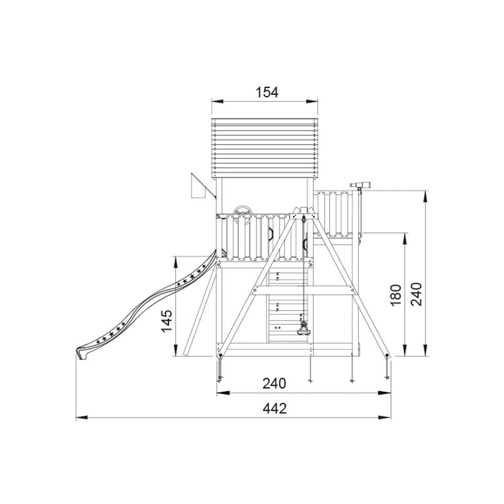 Legetårn Jungle Gym Palace 2.1 m/2-Swing Module 220, blå rutsjebane og 120 kg sand