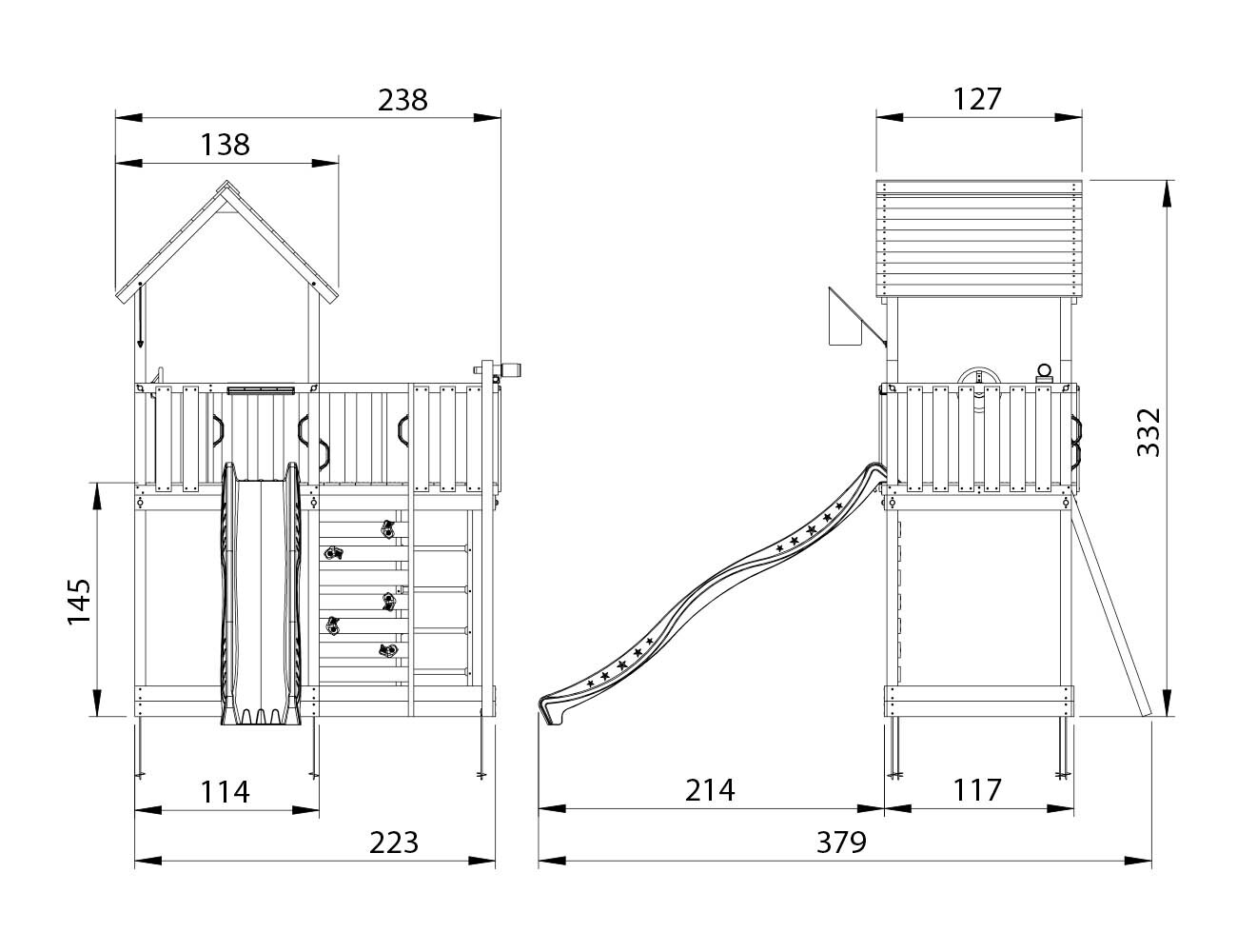 Legetårn Jungle Gym Mansion 2.1 m/grøn rutsjebane og 120 kg sand