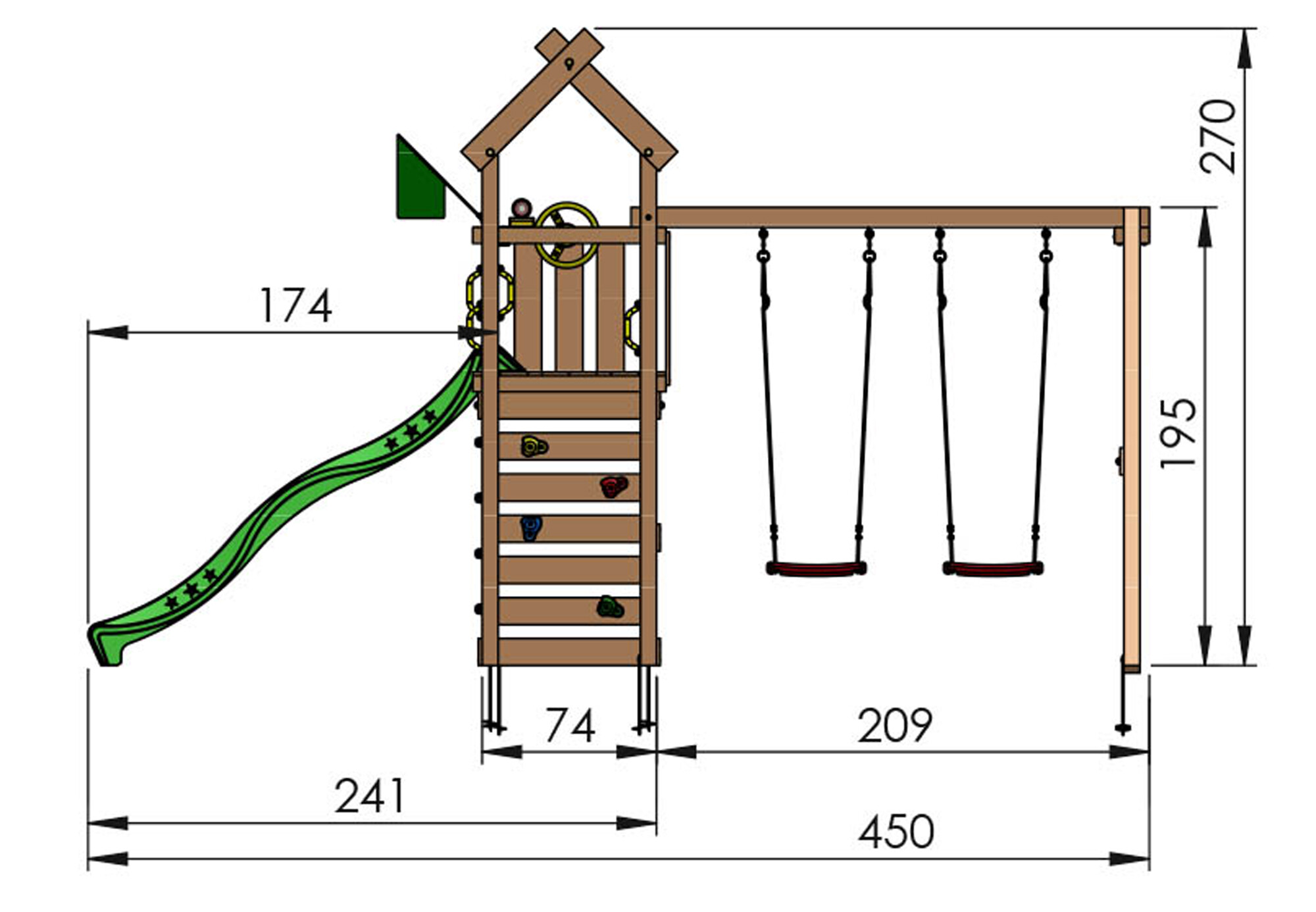 Legetårn Jungle Gym Nomad m/2-Swing Module 200 og blå rutsjebane