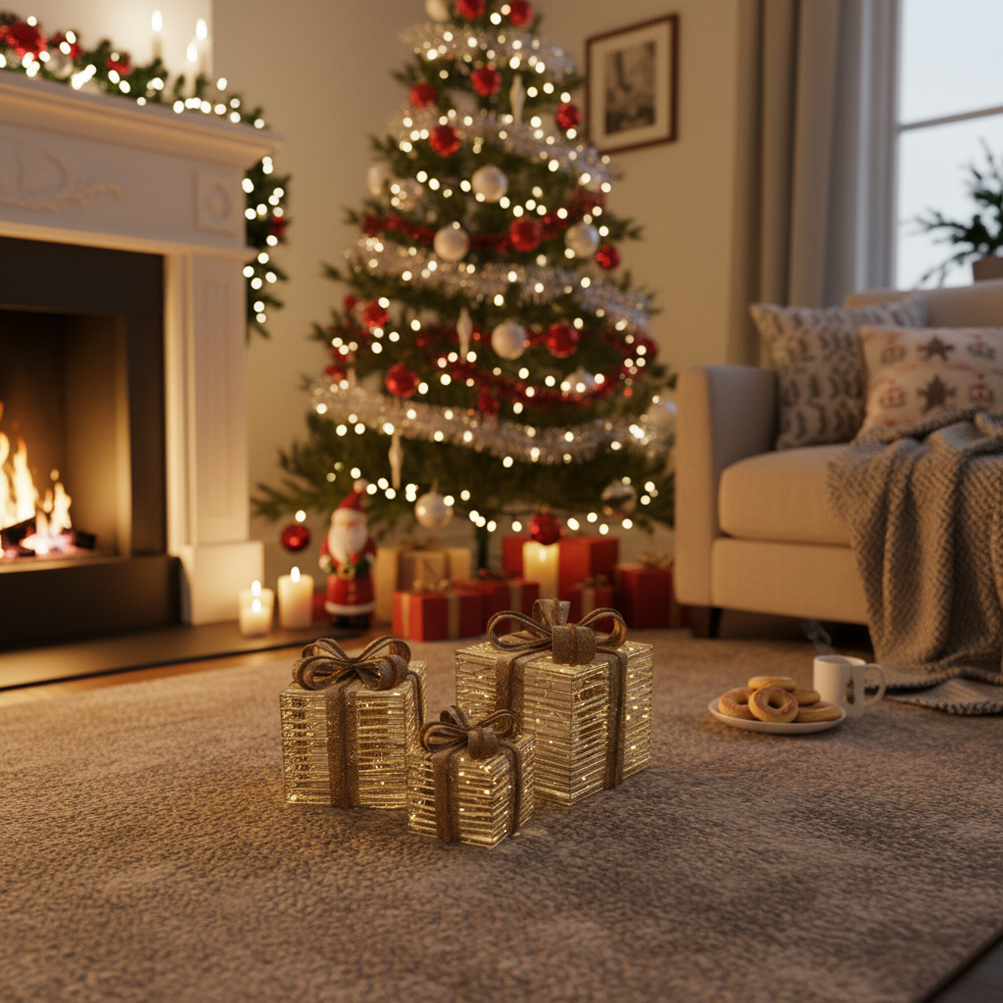 Julepakker med lys, sæt af 3 stk. natur, 230V NORDIC WINTER