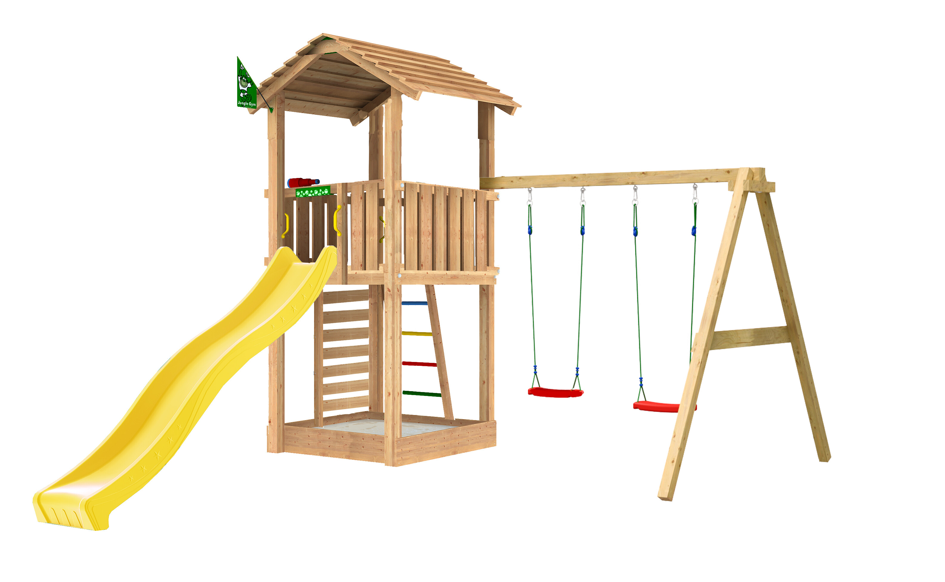 Legetårn Jungle Gym Cottage 2.1 m/2-Swing Modul 220 og gul rutschebane