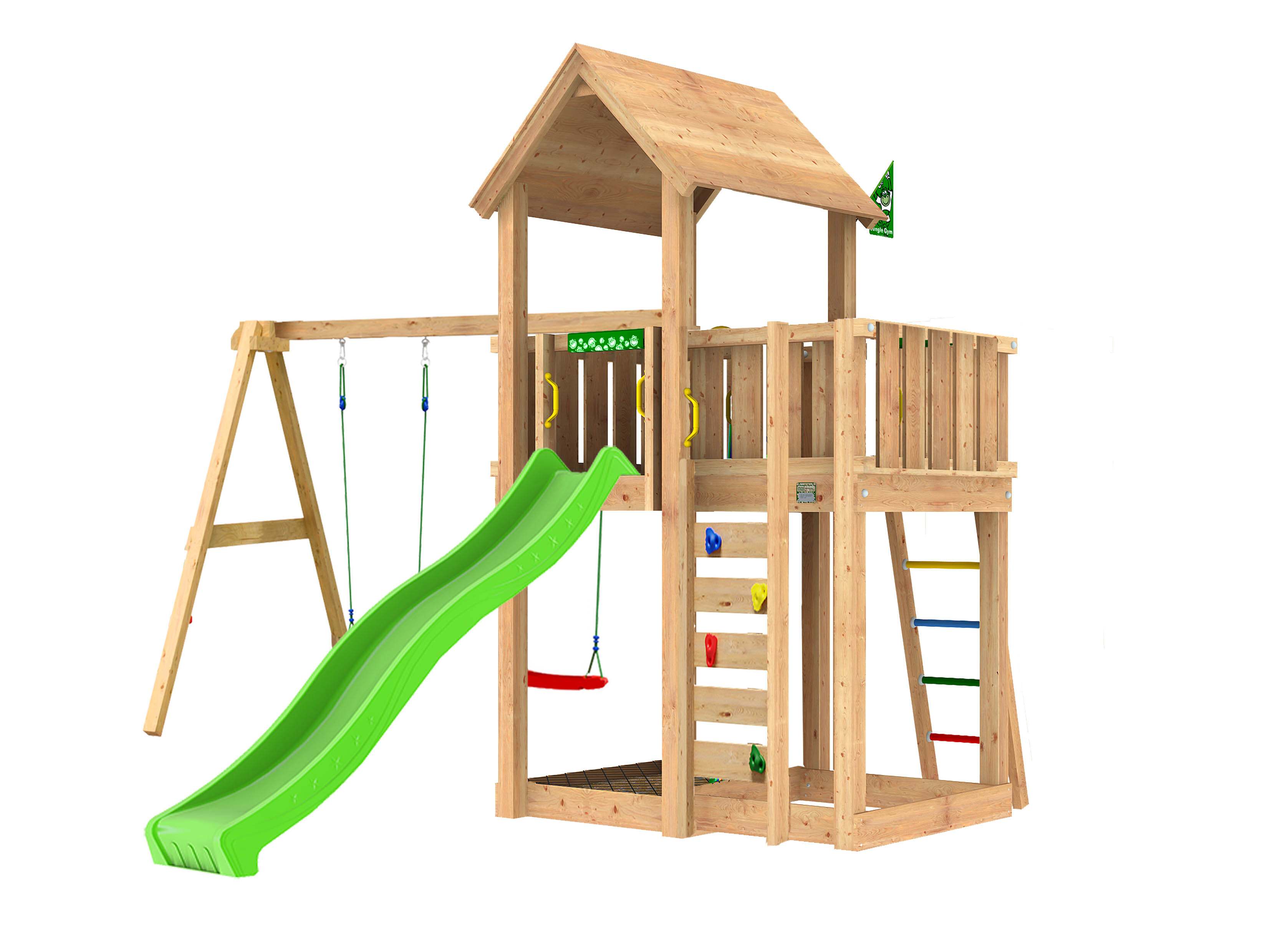 Legetårn Jungle Gym Mansion 2.1 w/2-Swing Module 220, grøn rutsjebane og 120 kg sand