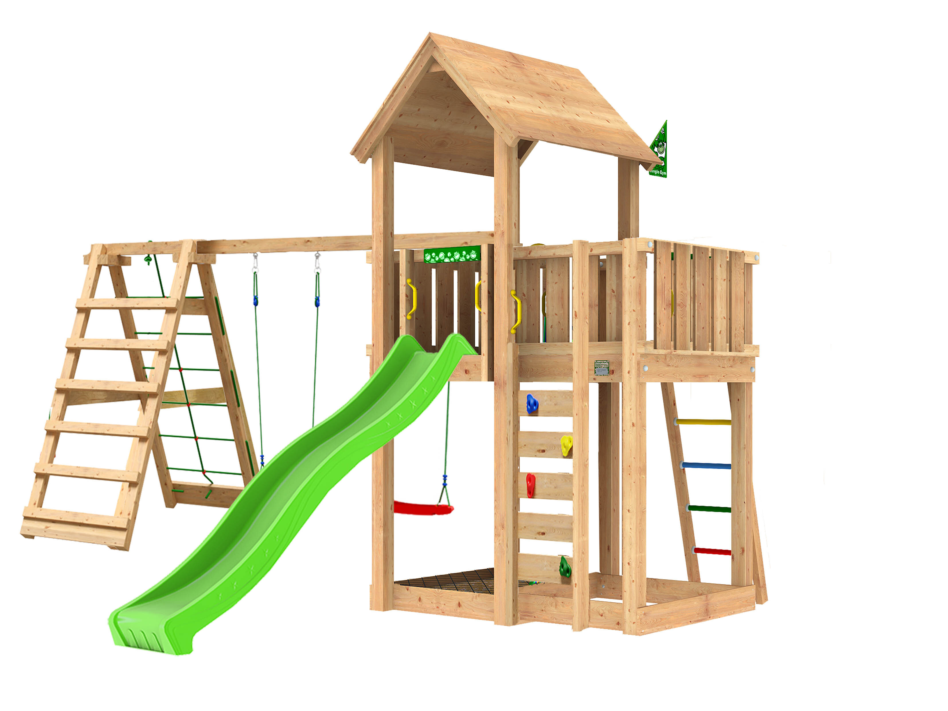 Legetårn Jungle Gym Mansion 2.1 m/2-Climb Module 220, grøn rutsjebane og 120 kg sand
