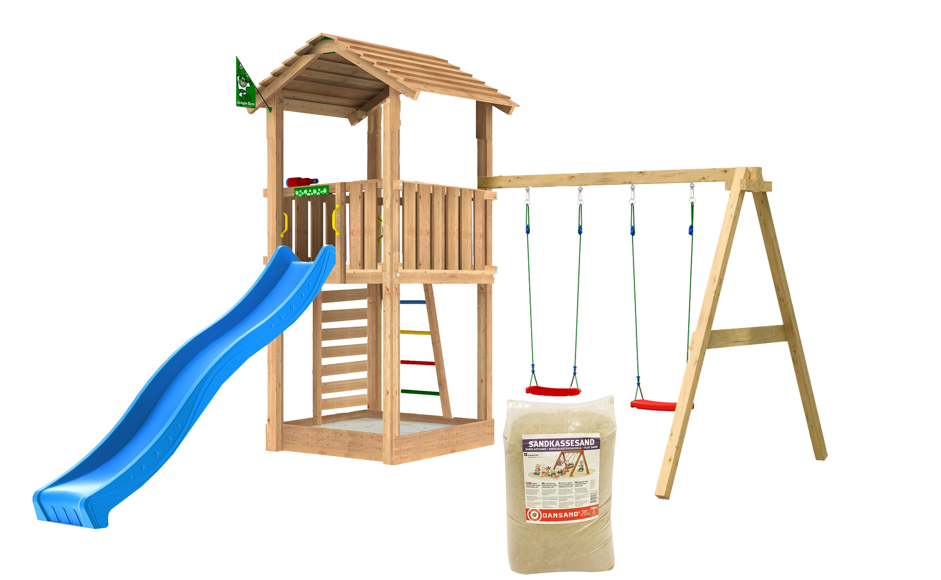 Legetårn Jungle Gym Cottage 2.1 m/2-Swing Modul 220, blå rutschebane og 120 kg sand