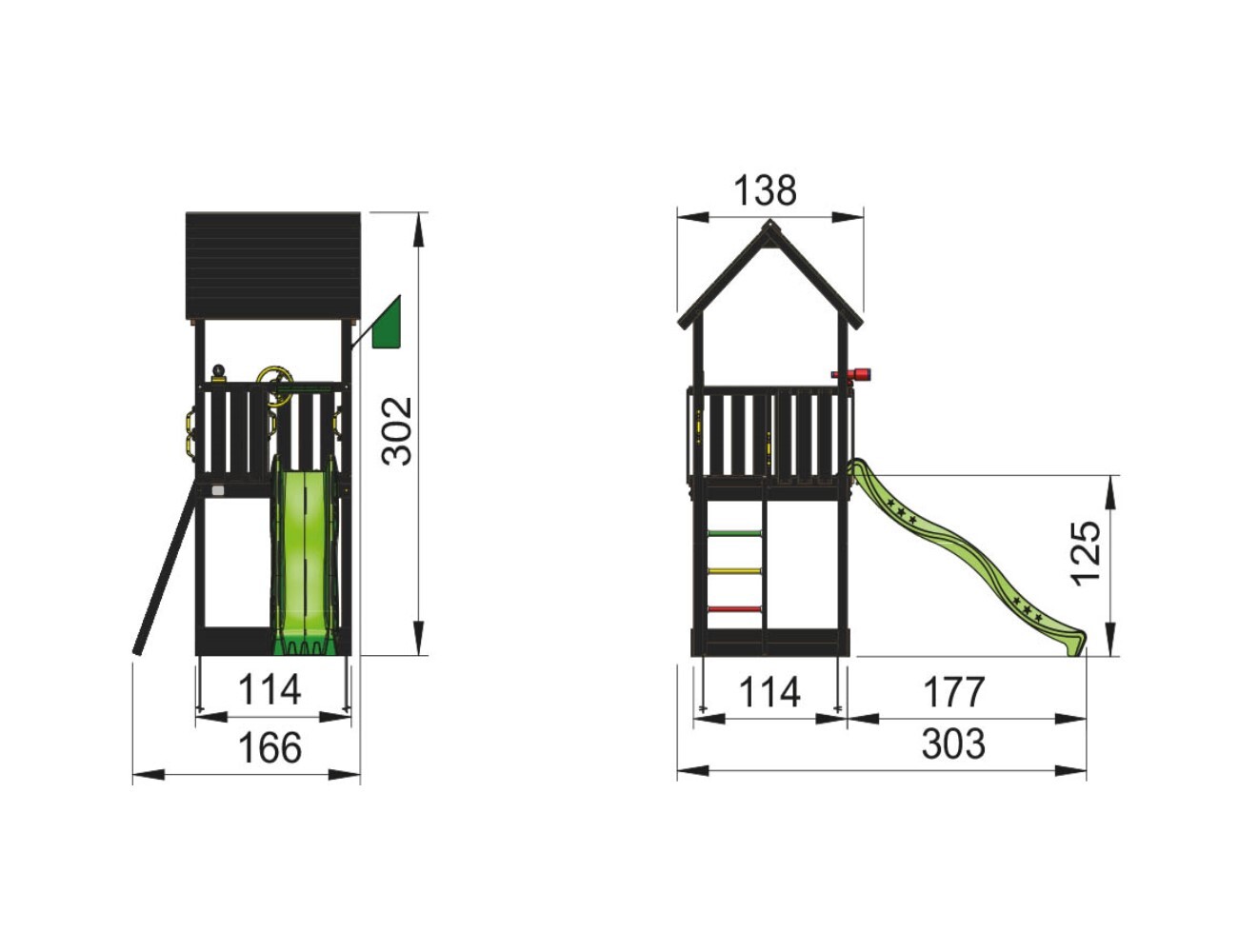 Legetårn Jungle Gym Club 2.1, grundmalet sort, m/grøn rutschebane