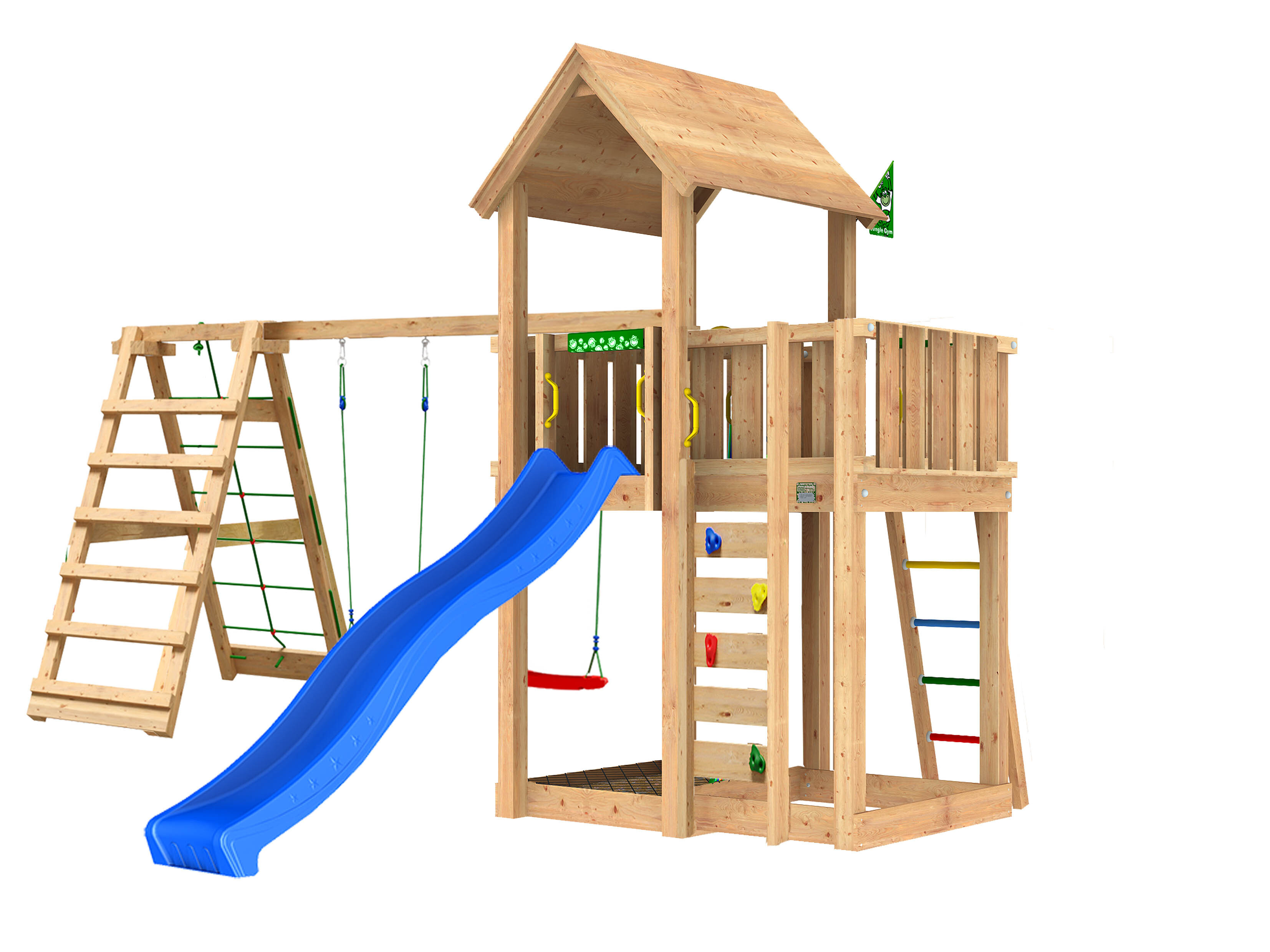 Legetårn Jungle Gym Mansion 2.1 m/2-Climb Module 220, blå rutsjebane og 120 kg sand