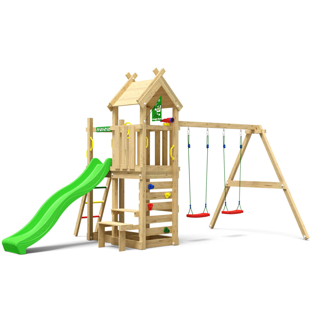 Legetårn Jungle Gym Teepee m/2-Swing Module 200 og grøn rutschebane
