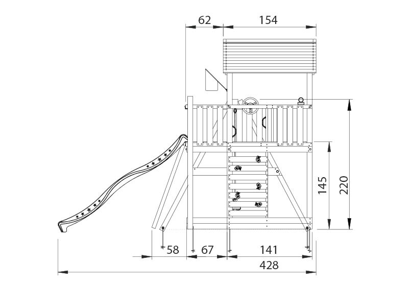 Legetårn Jungle Gym Chalet 2.1 m/2-Climb Module 220, grøn rutschebane och 120 kg sand