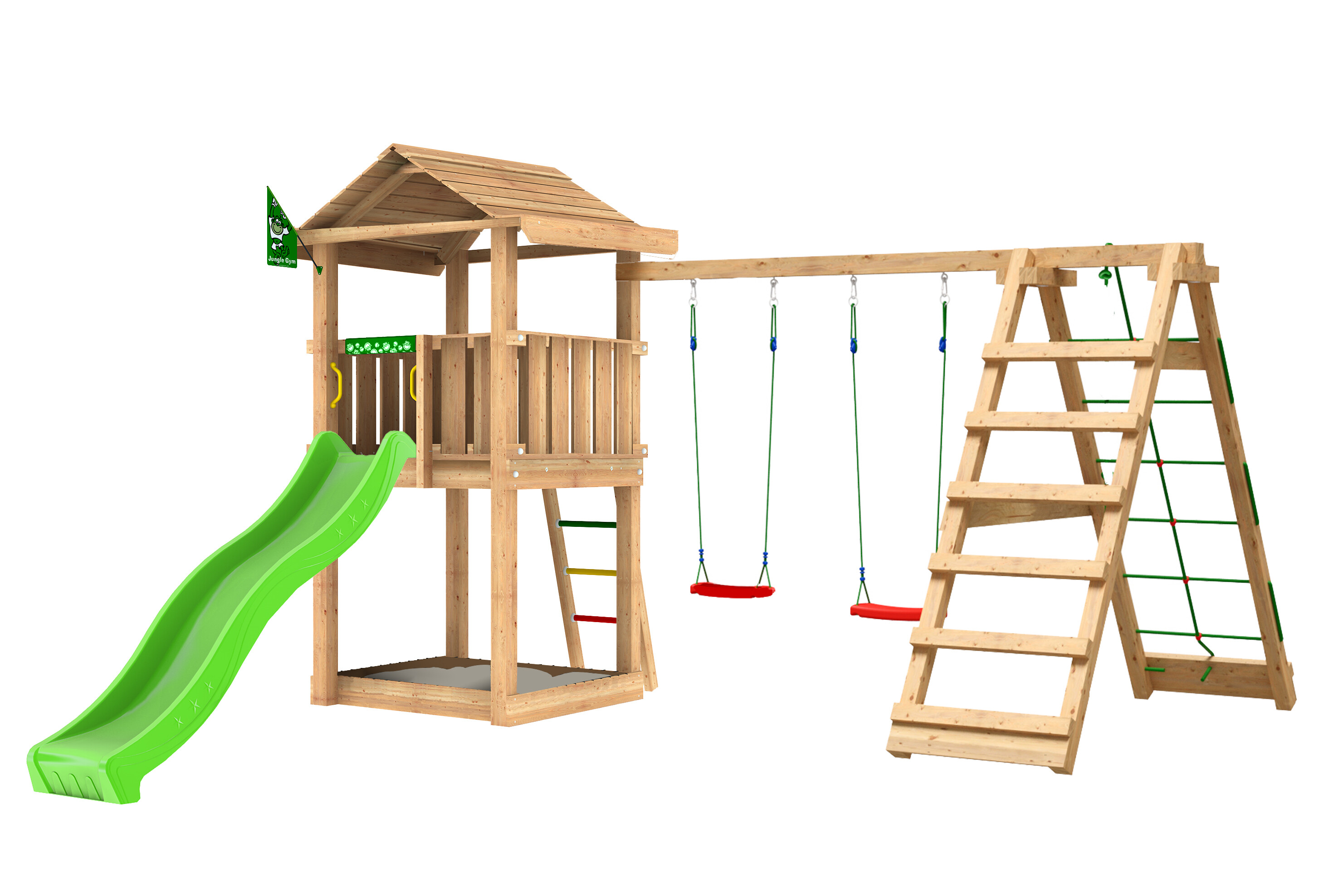 Legetårn Jungle Gym House 2.1, m/2-Climb Module 220 og grøn rutschebane