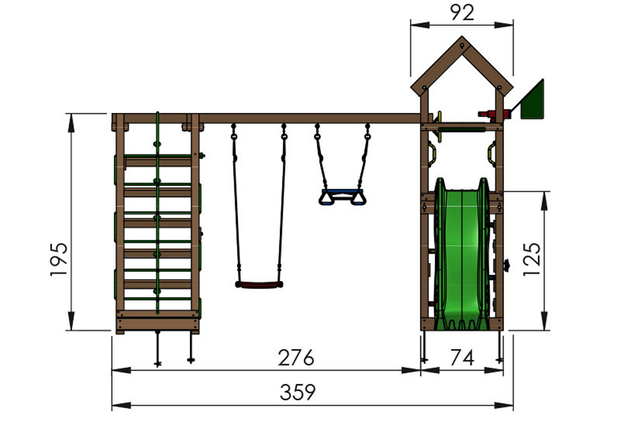 Playtower Jungle Gym Patio w/2-Climb Module 200 and green slide