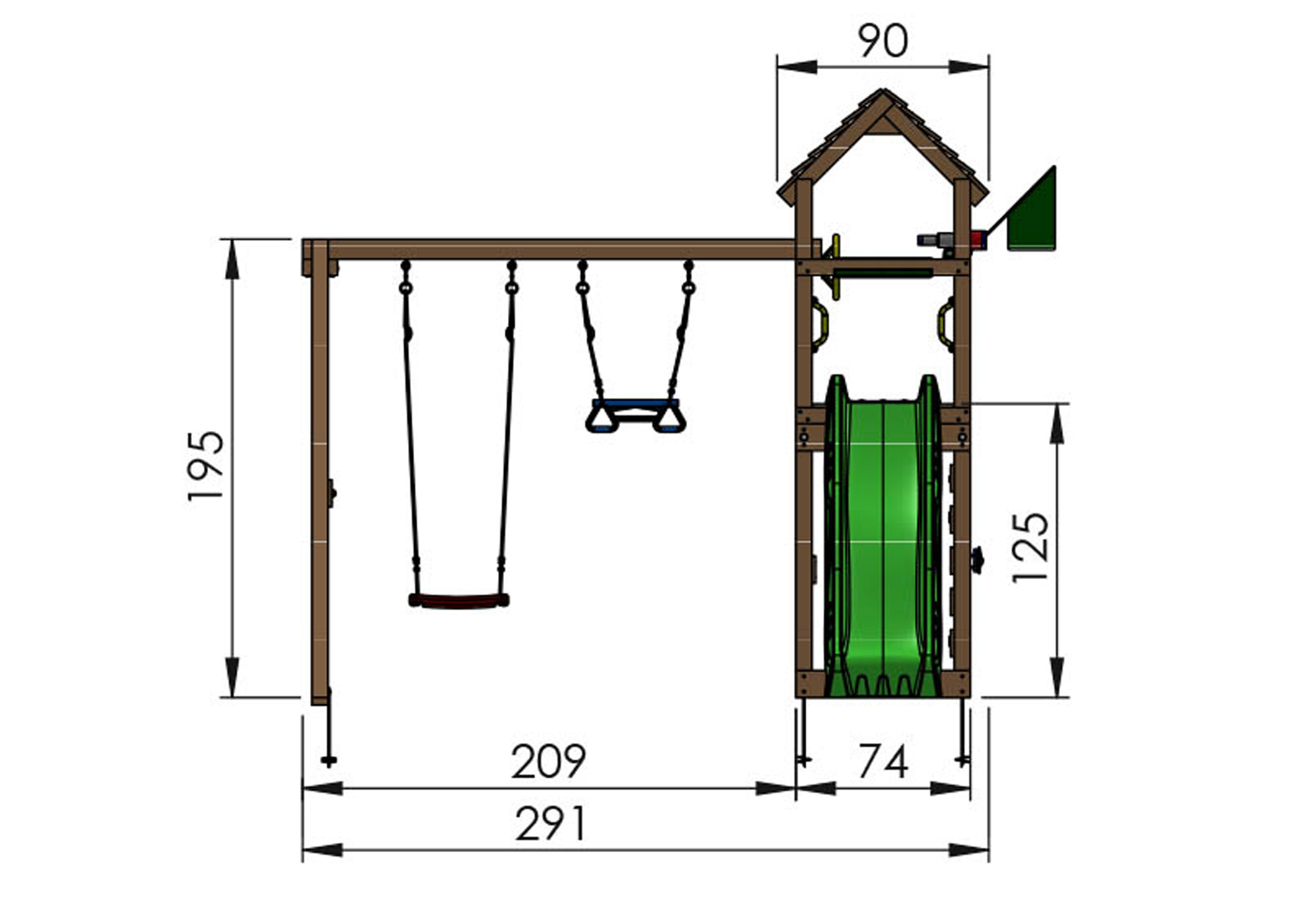 Playtower Jungle Gym Cocoon w/2-Swing Module 200 and blue slide
