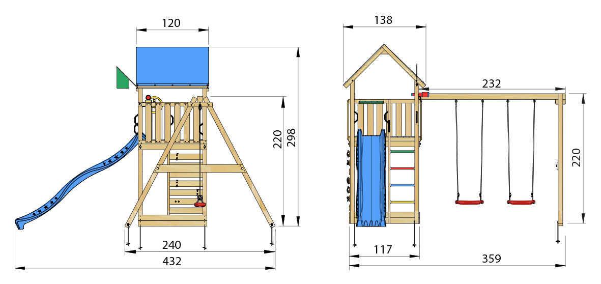 Legetårn Jungle Gym Lodge 2.1 inkl. Swing Module og blå rutschebane