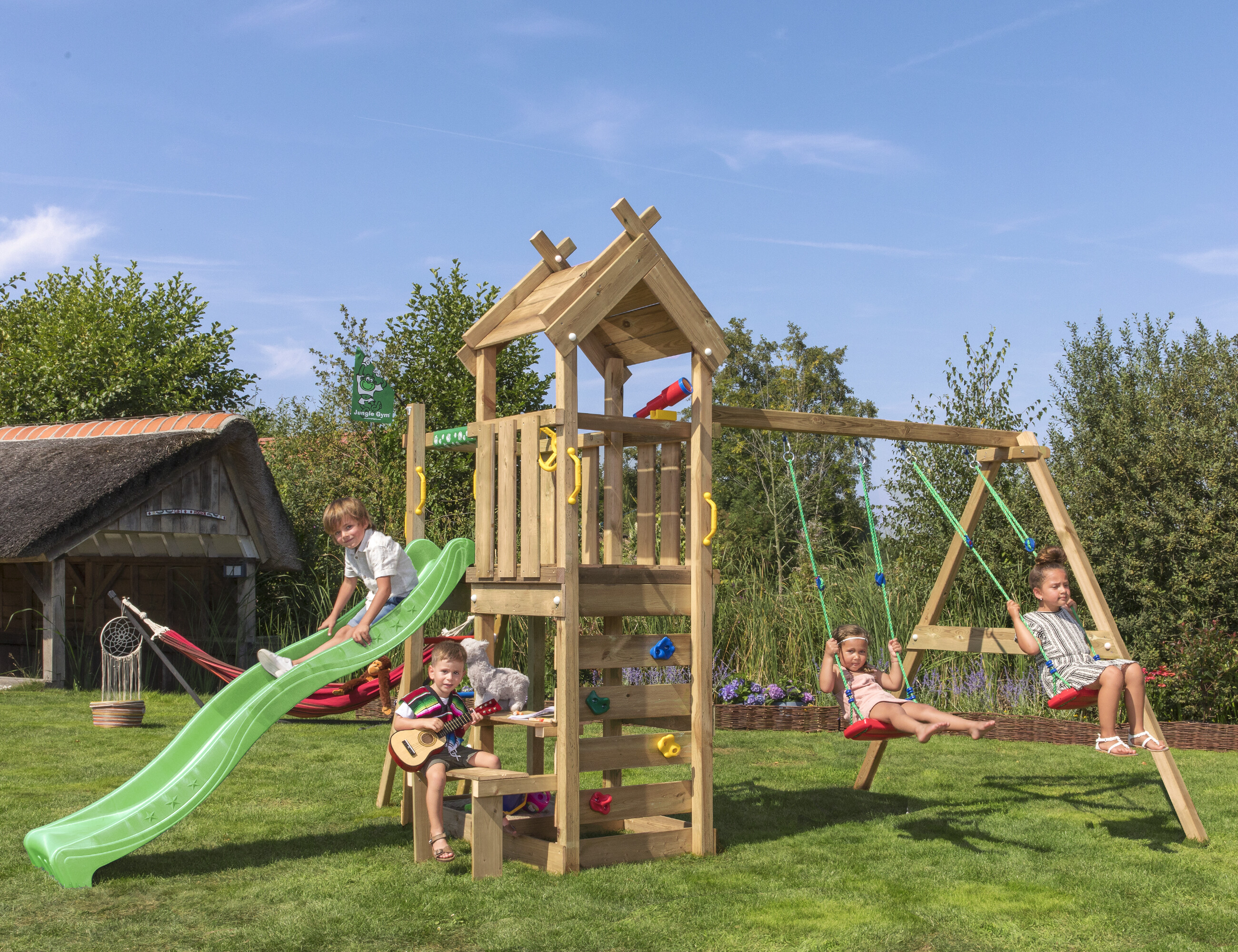 Legetårn Jungle Gym Teepee m/2-Swing Module 200 og grøn rutschebane