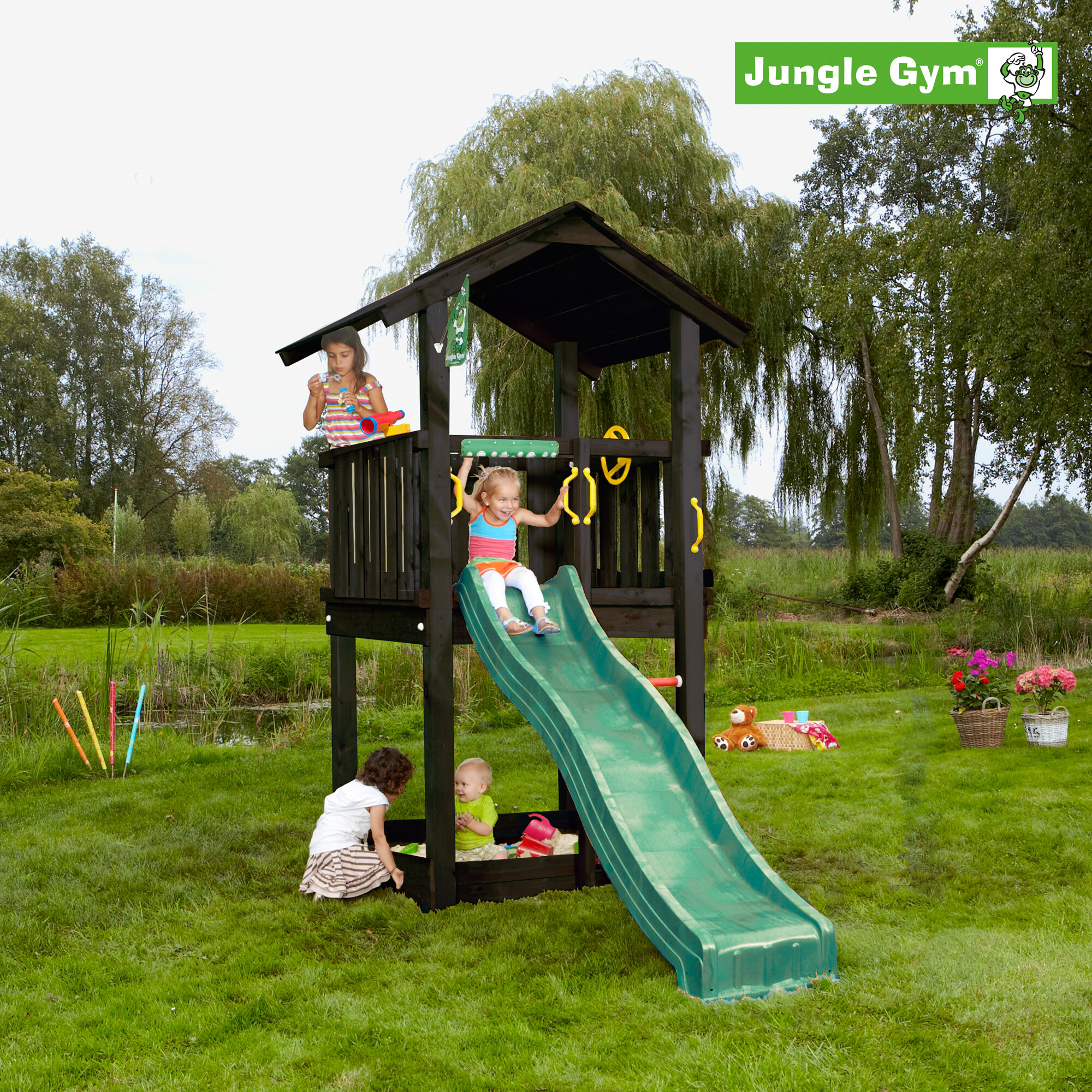 Legetårn Jungle Gym Casa 2.1, grundmalet sort, m/mørkegrøn rutschebane