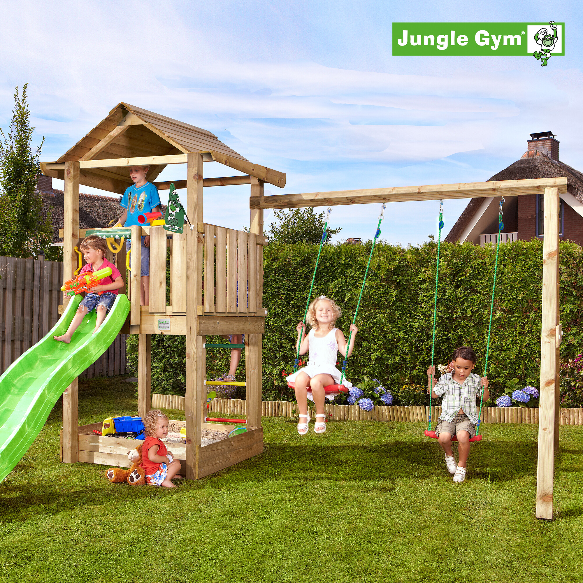 Legetårn Jungle Gym House 2.1, m/2-Swing Module 220 og grøn rutschebane