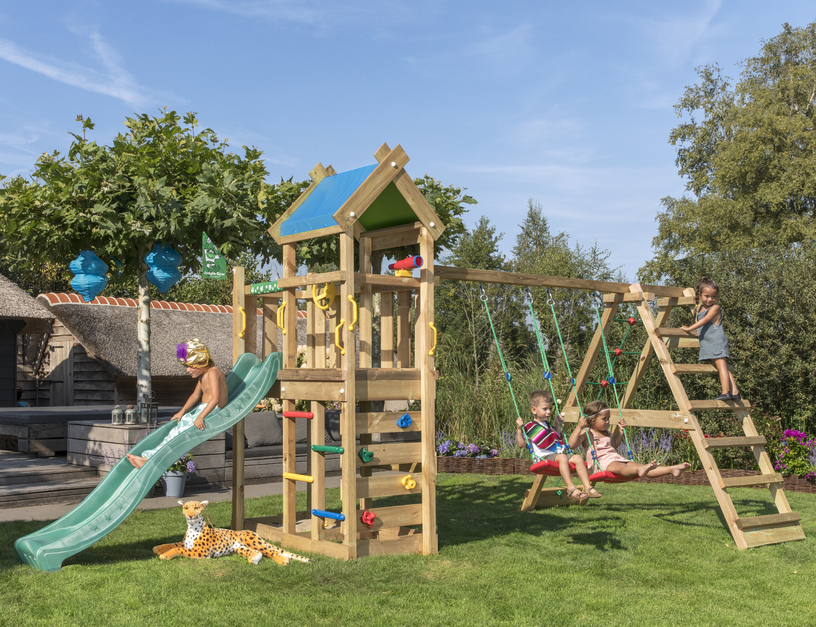 Legetårn Jungle Gym Nomad m/2-Climb Module 200 mørkegrøn rutsjebane