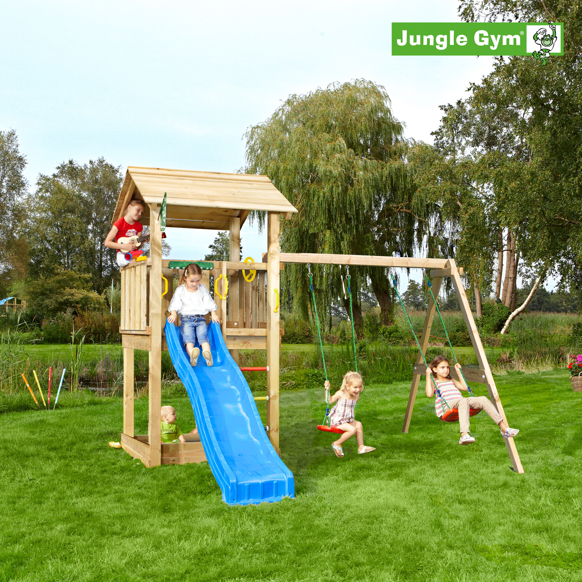 Legetårn Jungle Gym Casa 2.1, m/2-Swing Module 220 og blå rutschebane