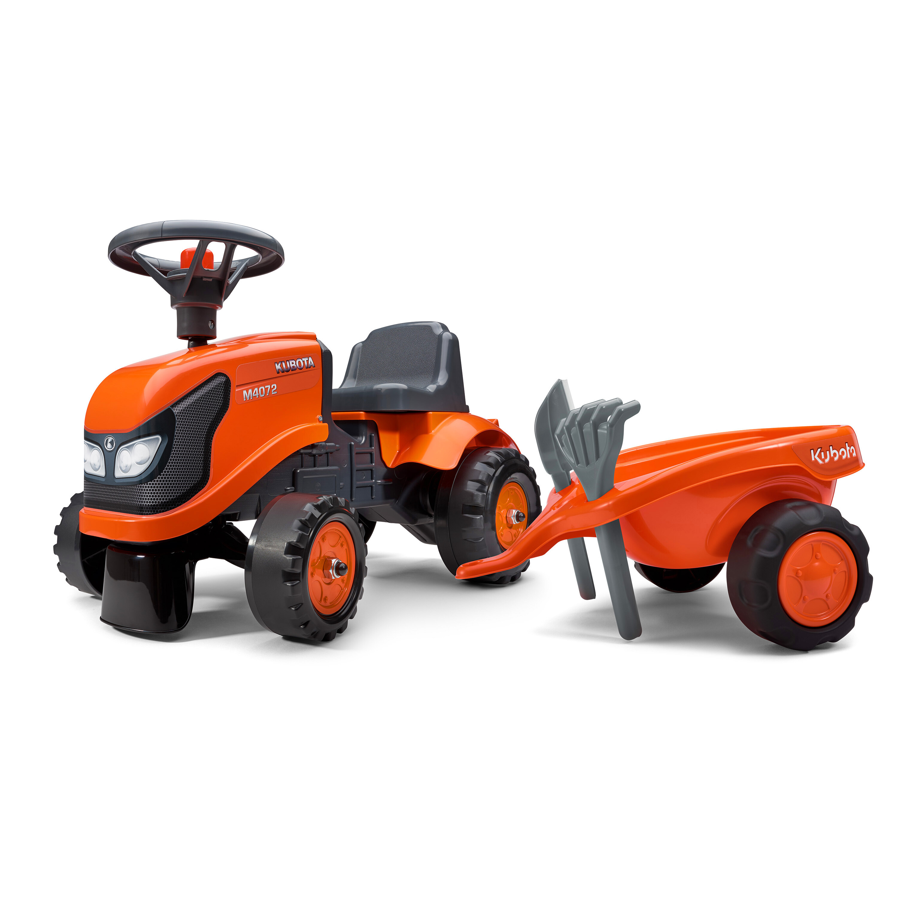Traktor med trailer, kratta och skyffel Baby Kubota FALK