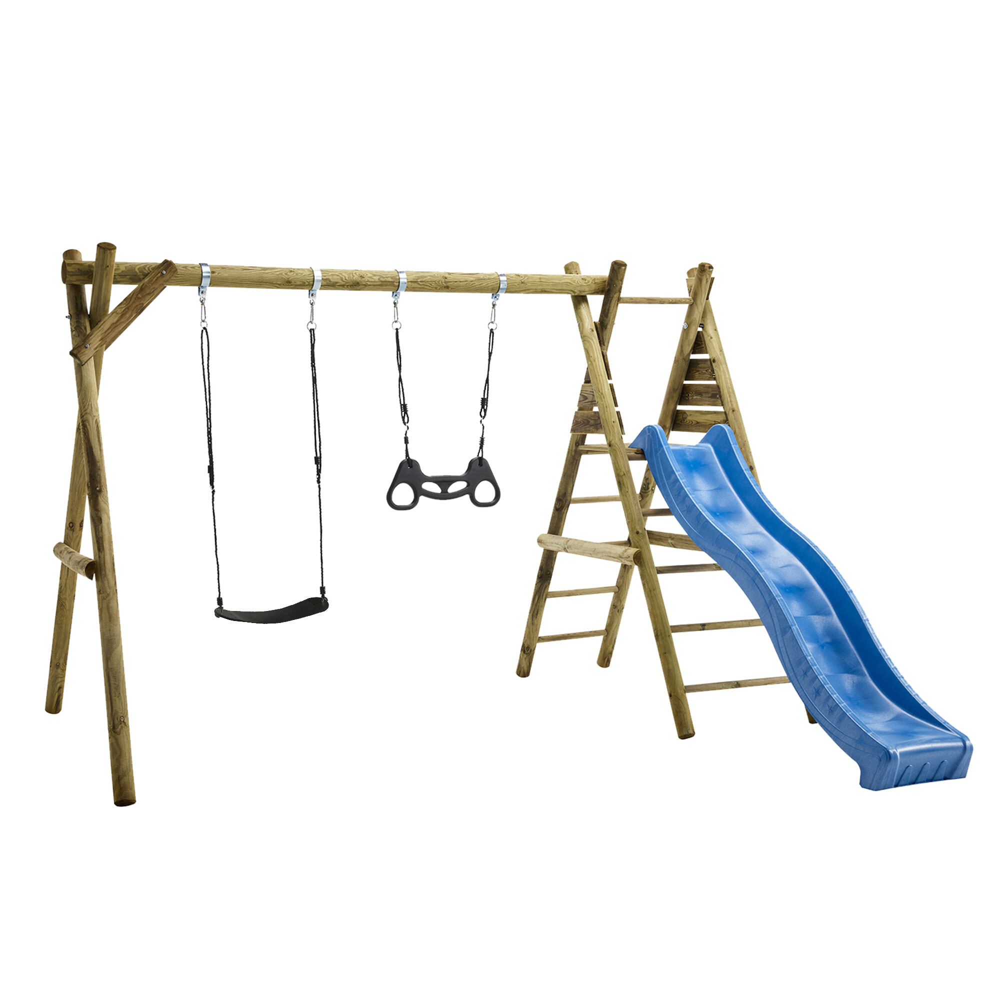 Gungställning med 1 svart gunga, 1 svart trapetsgunga och gungbeslag inkl. blå rutschkana NORDIC PLAY