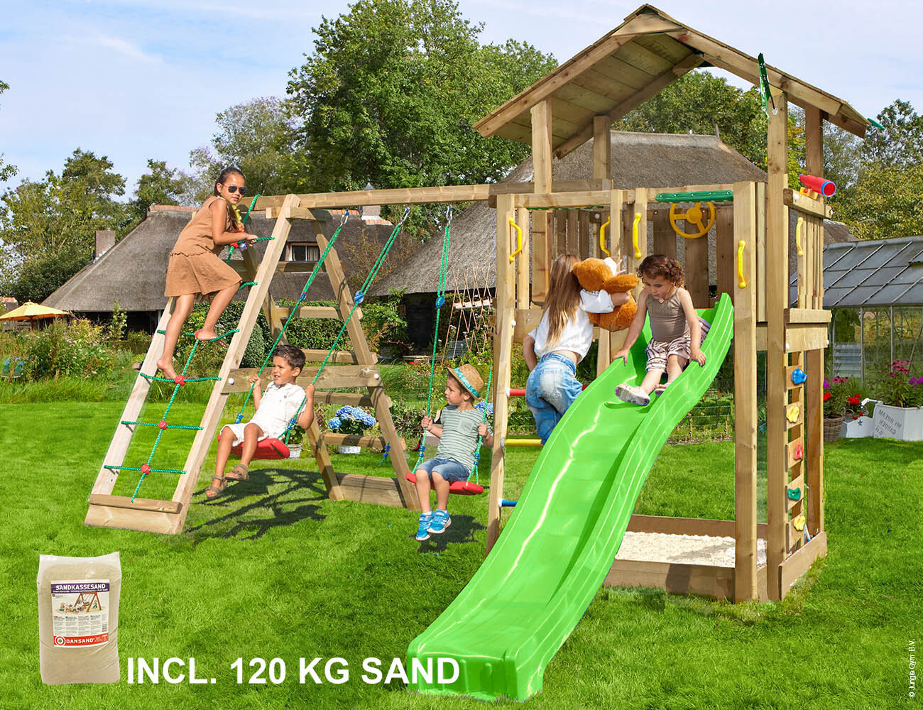 Legetårn Jungle Gym Chalet 2.1 m/2-Climb Module 220, grøn rutschebane och 120 kg sand