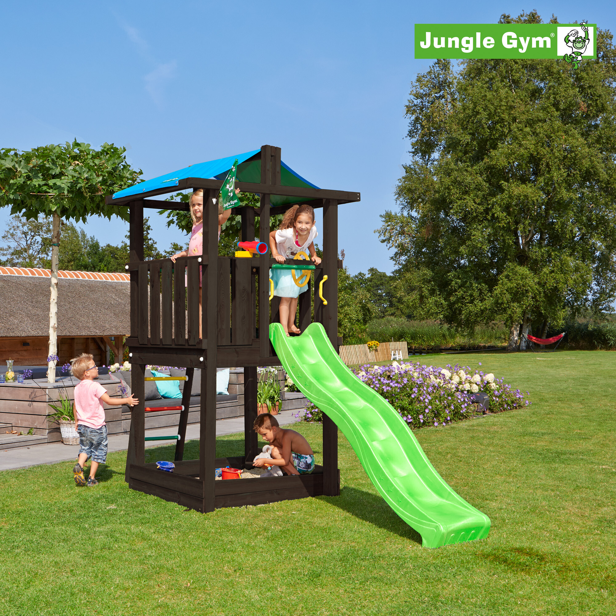 Legetårn Jungle Gym Hut 2.1, grundmalet sort, m/grøn rutschebane