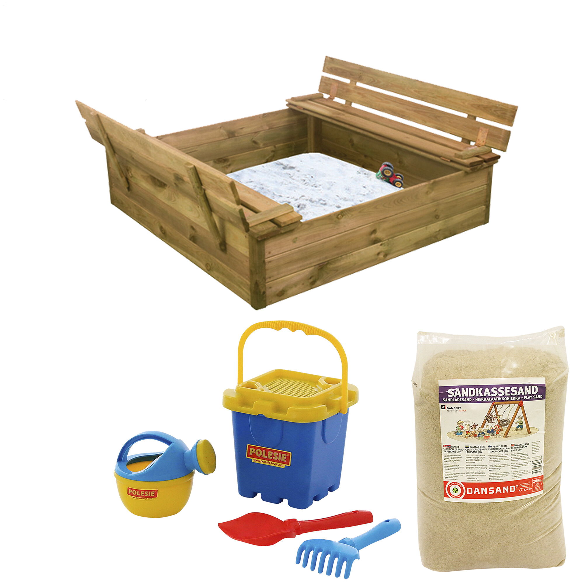 Sandlåda med bänk & lock 120 x 120 cm, med 240 kg sand och blått strandset NORDIC PLAY