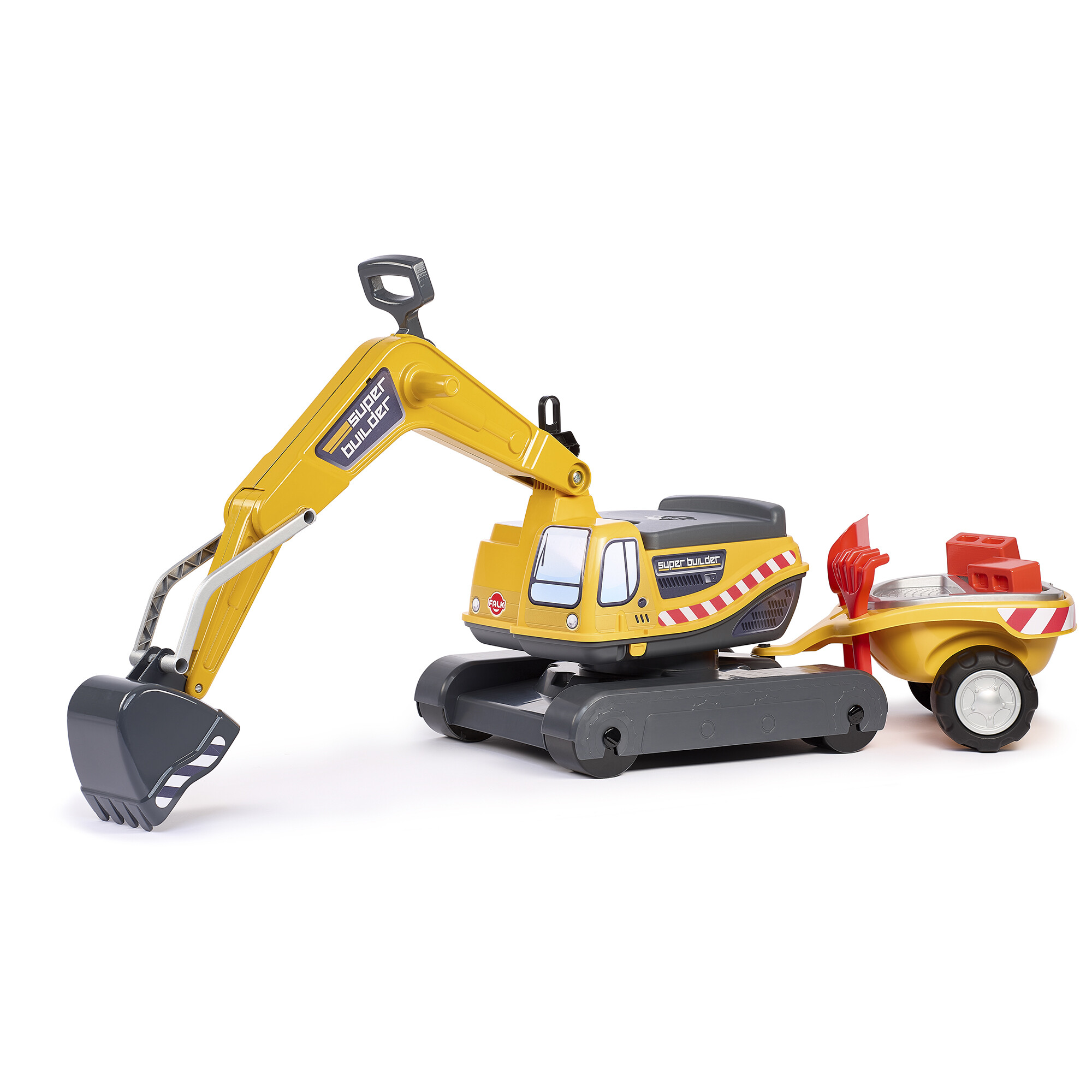 Super Builder excavator fully articulated with opening seat, trailer with sieves and sand playset FALK
