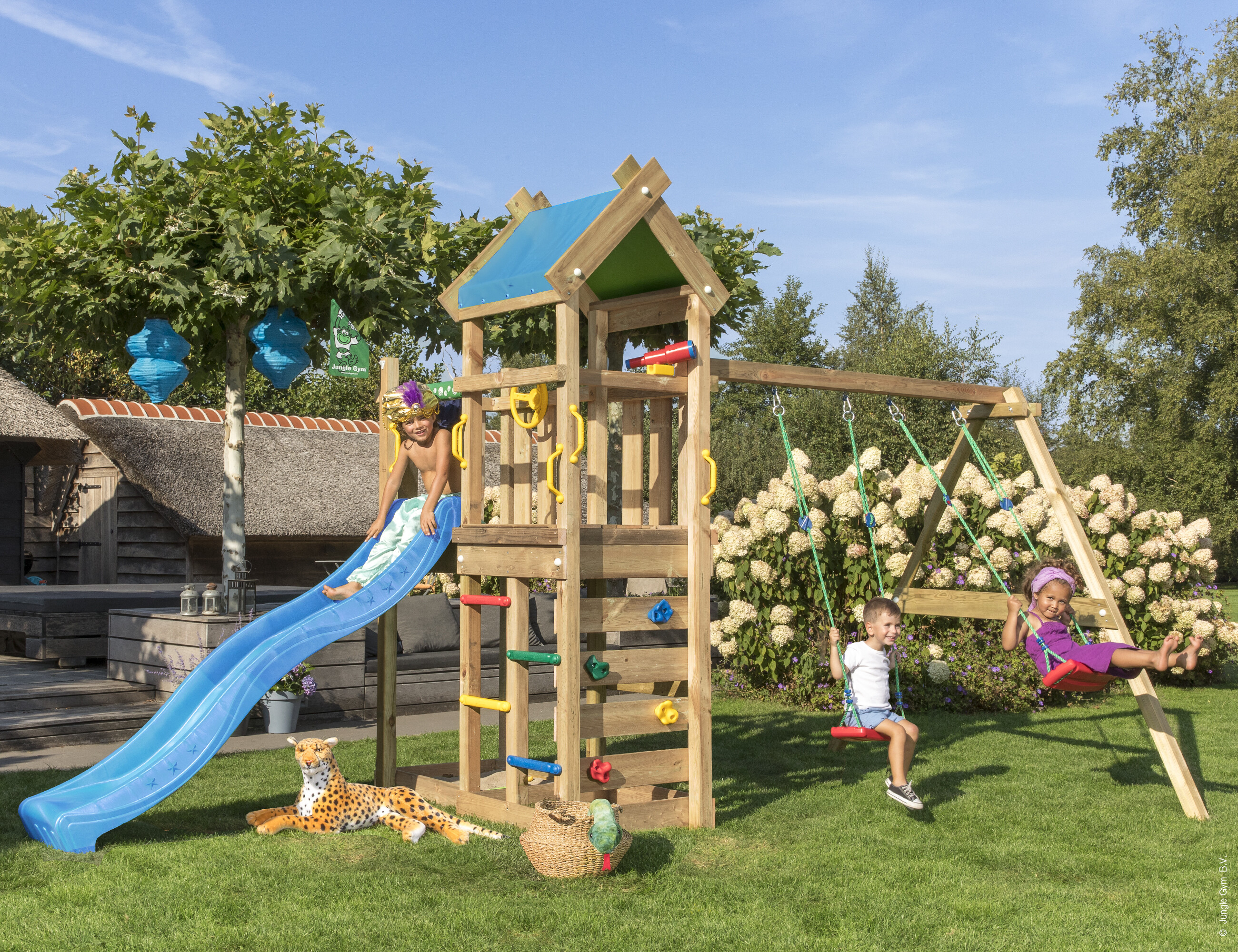 Legetårn Jungle Gym Nomad m/2-Swing Module 200 og blå rutsjebane