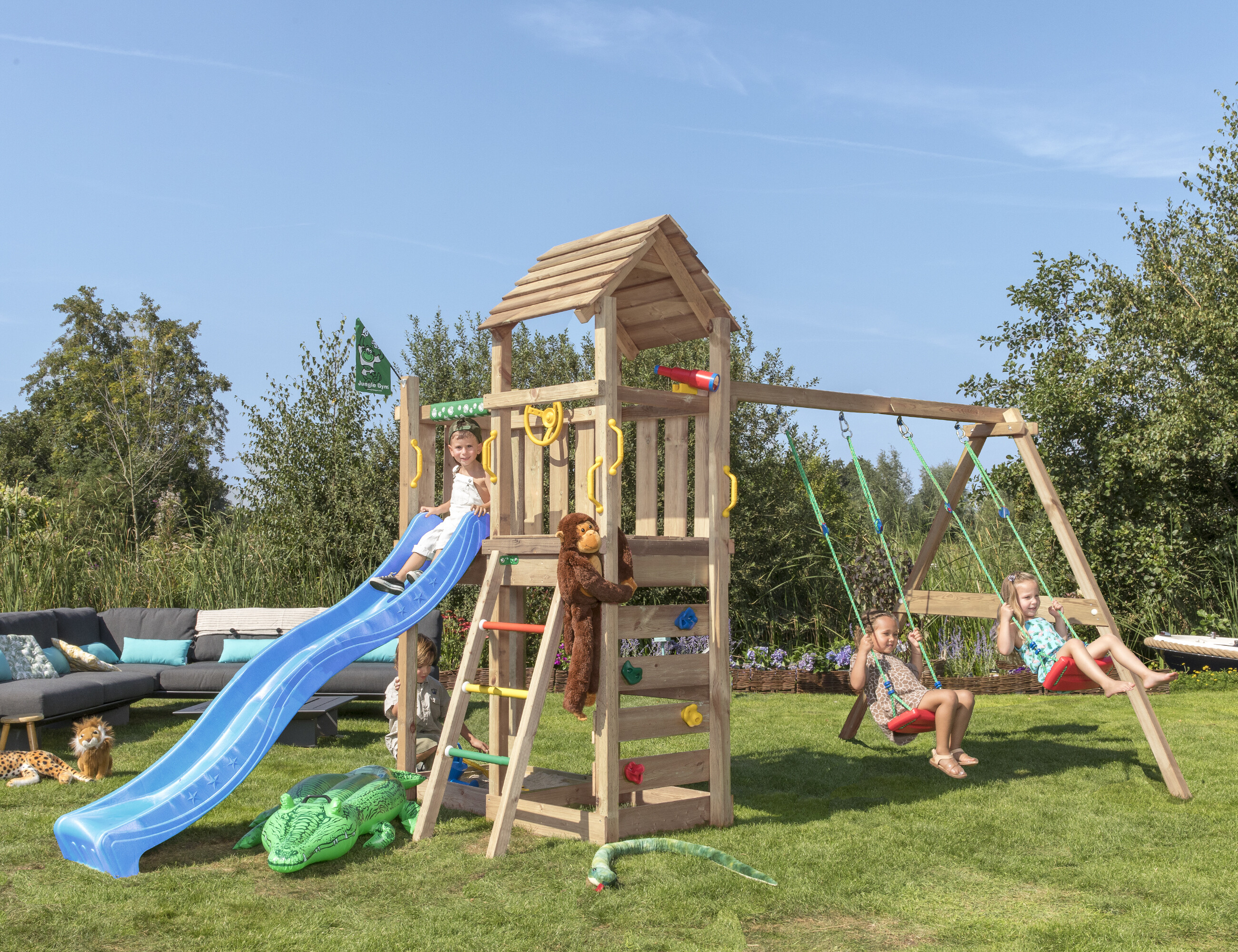 Legetårn Jungle Gym Safari m/2-Swing Module 200 og blå rutsjebane