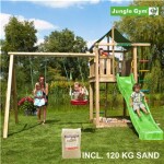Legetårn komplet Jungle Gym Lodge inkl. Swing module x'tra, 120 kg sand og grøn rutschebane