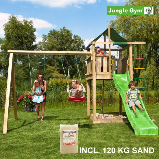 Legetårn komplet Jungle Gym Lodge inkl. Swing module x'tra, 120 kg sand og grøn rutschebane