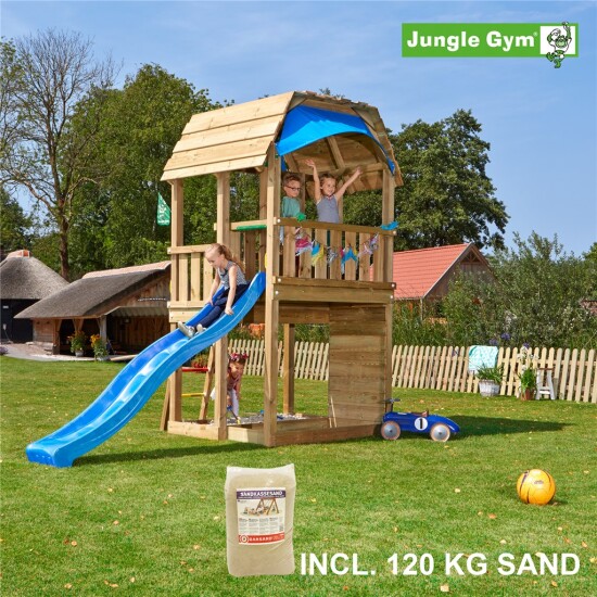 Legetårn komplet Jungle Gym Barn inkl. 120 kg sand og blå rutschebane